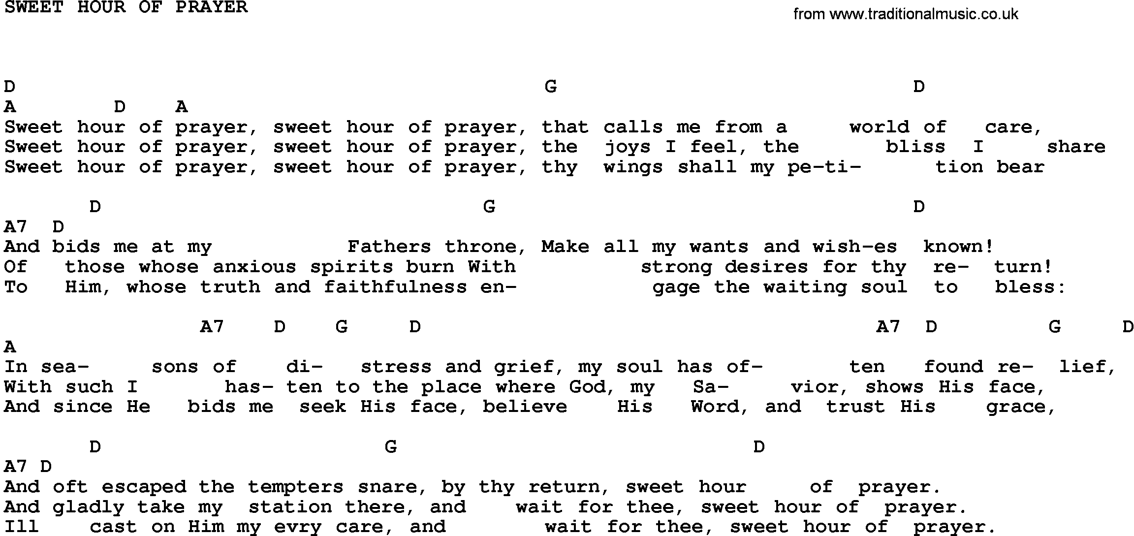 Gospel Song: Sweet Hour Of Prayer-Trad, lyrics and chords.