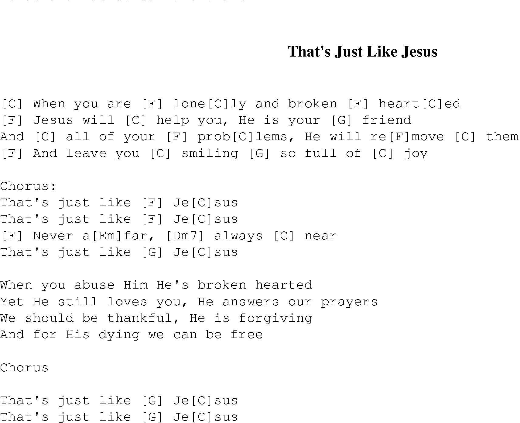 Gospel Song: thats_just_like_jesus, lyrics and chords.