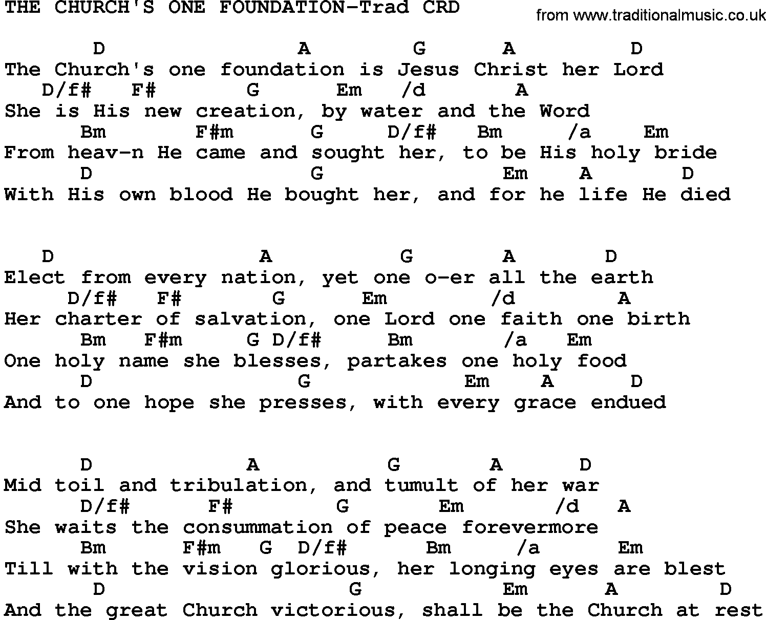 Gospel Song: The Church's One Foundation-Trad, lyrics and chords.