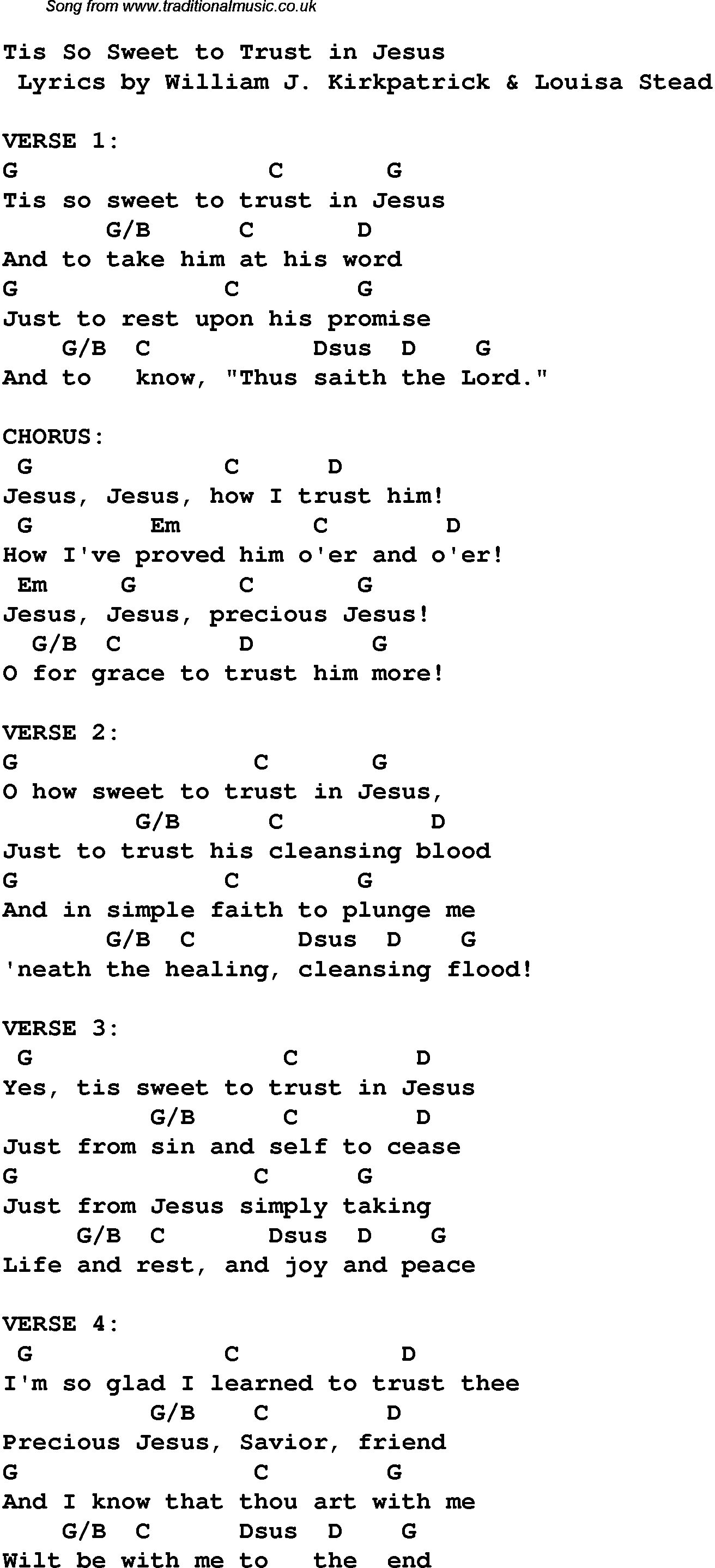 Gospel Song: tis-so-sweet-to-trust-in-jesus, lyrics and chords.
