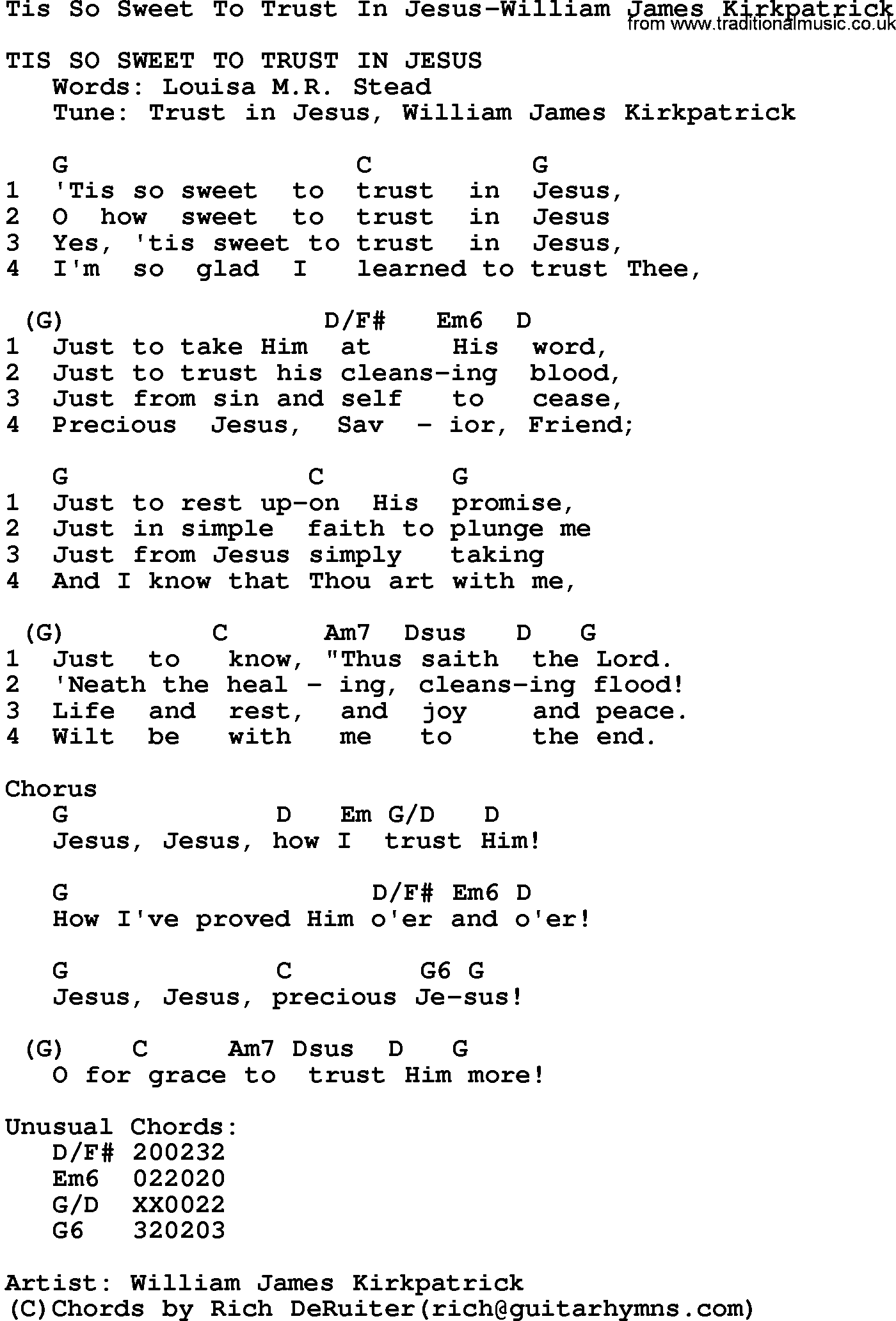Gospel Song: Tis So Sweet To Trust In Jesus-William James Kirkpatrick, lyrics and chords.