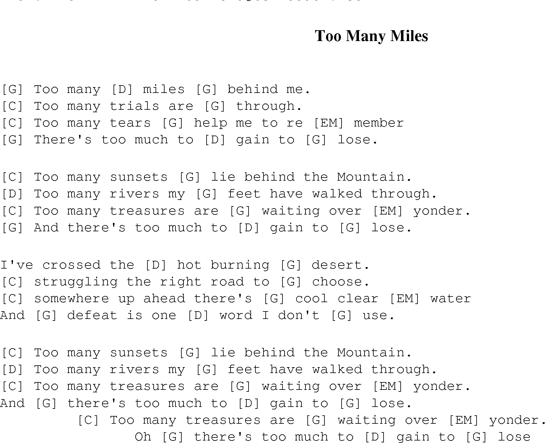 Too Many Miles - Christian Gospel Song Lyrics and Chords