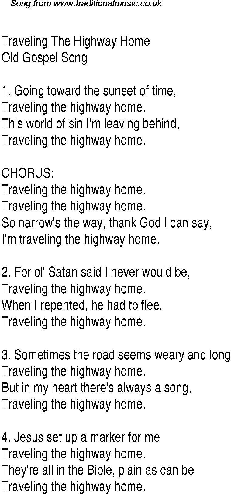 Gospel Song: traveling-the-highway-home, lyrics and chords.