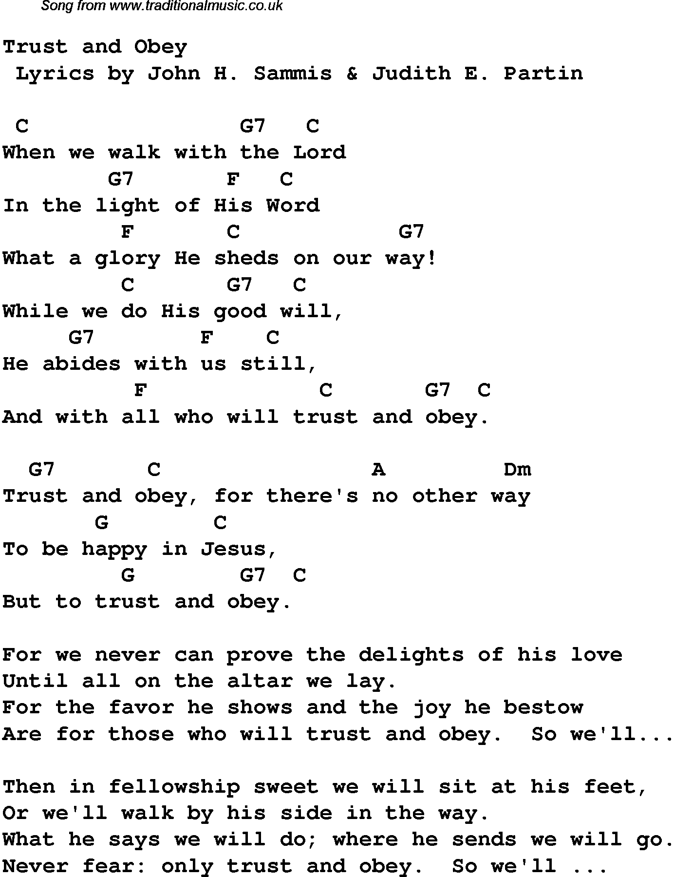 Gospel Song: trust-and-obey, lyrics and chords.
