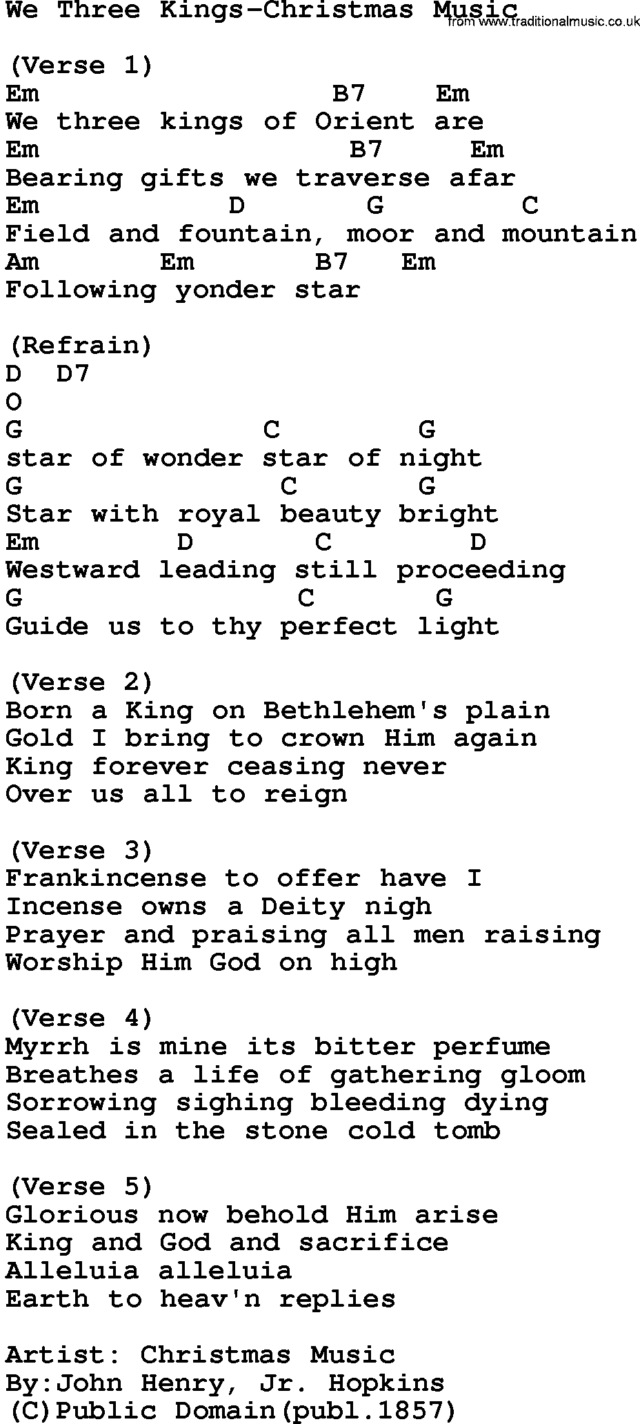 Gospel Song: We Three Kings-Christmas Music, lyrics and chords.