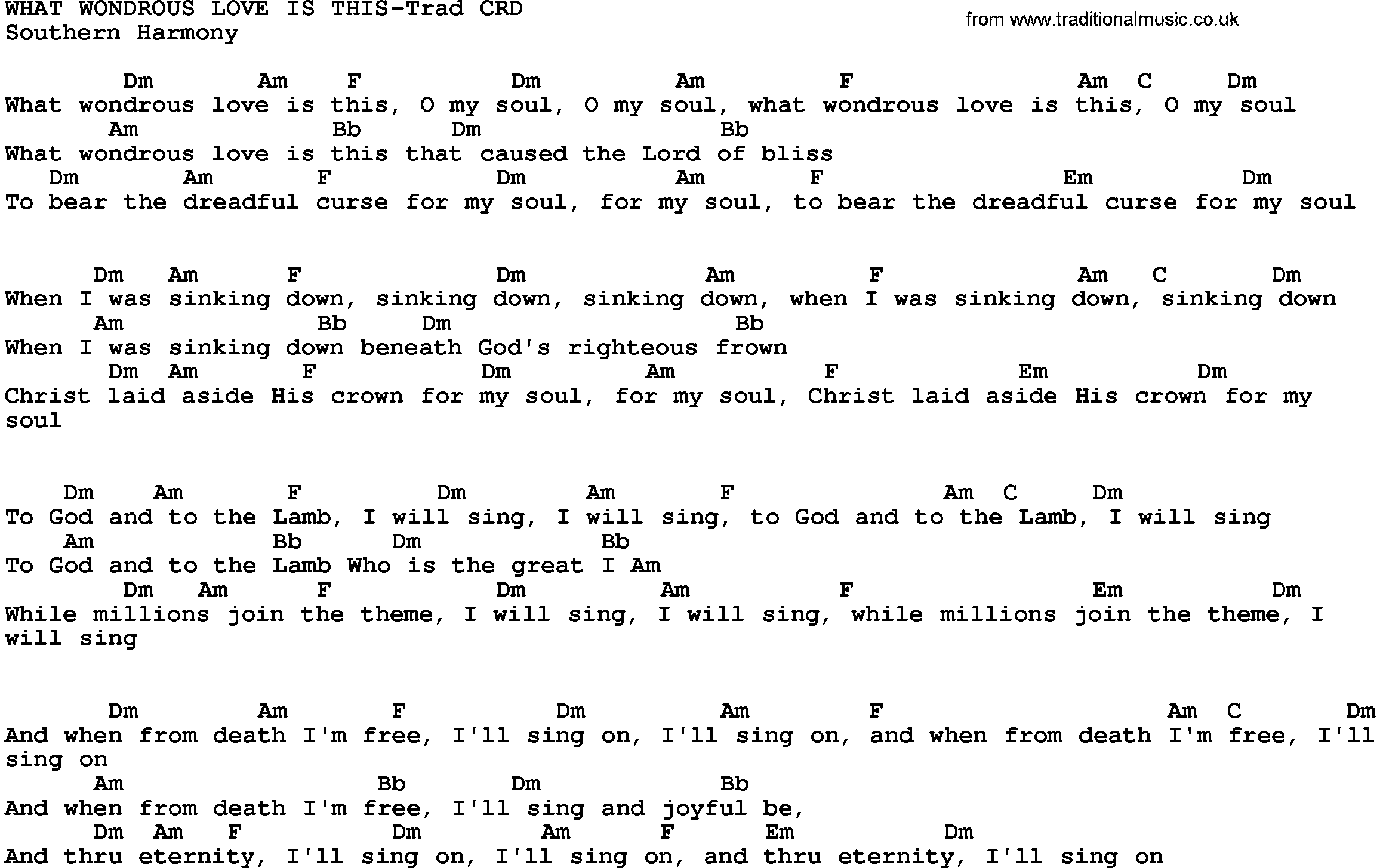 Gospel Song: What Wondrous Love Is This-Trad, lyrics and chords.