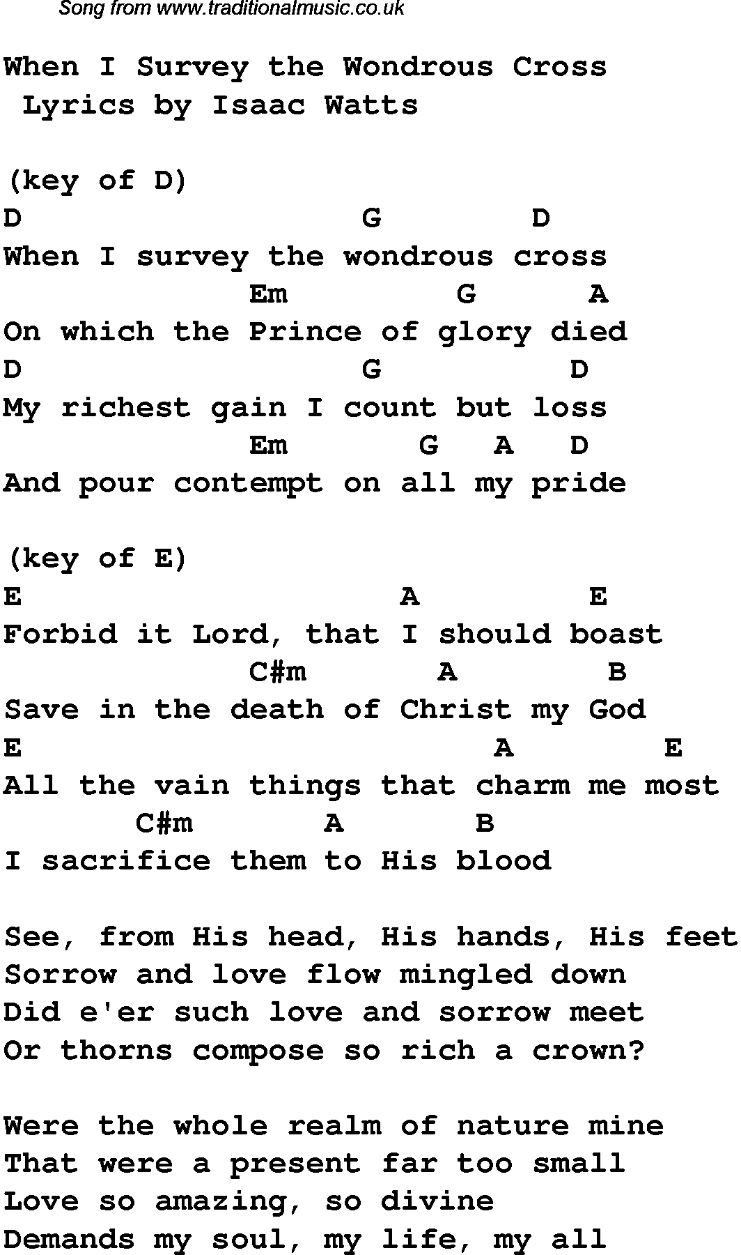 Gospel Song: when-i-survey-the-wondrous-cross, lyrics and chords.