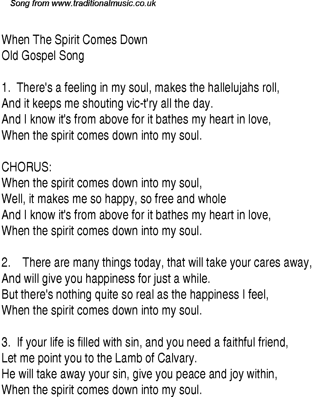 Gospel Song: when-the-spirit-comes-down, lyrics and chords.