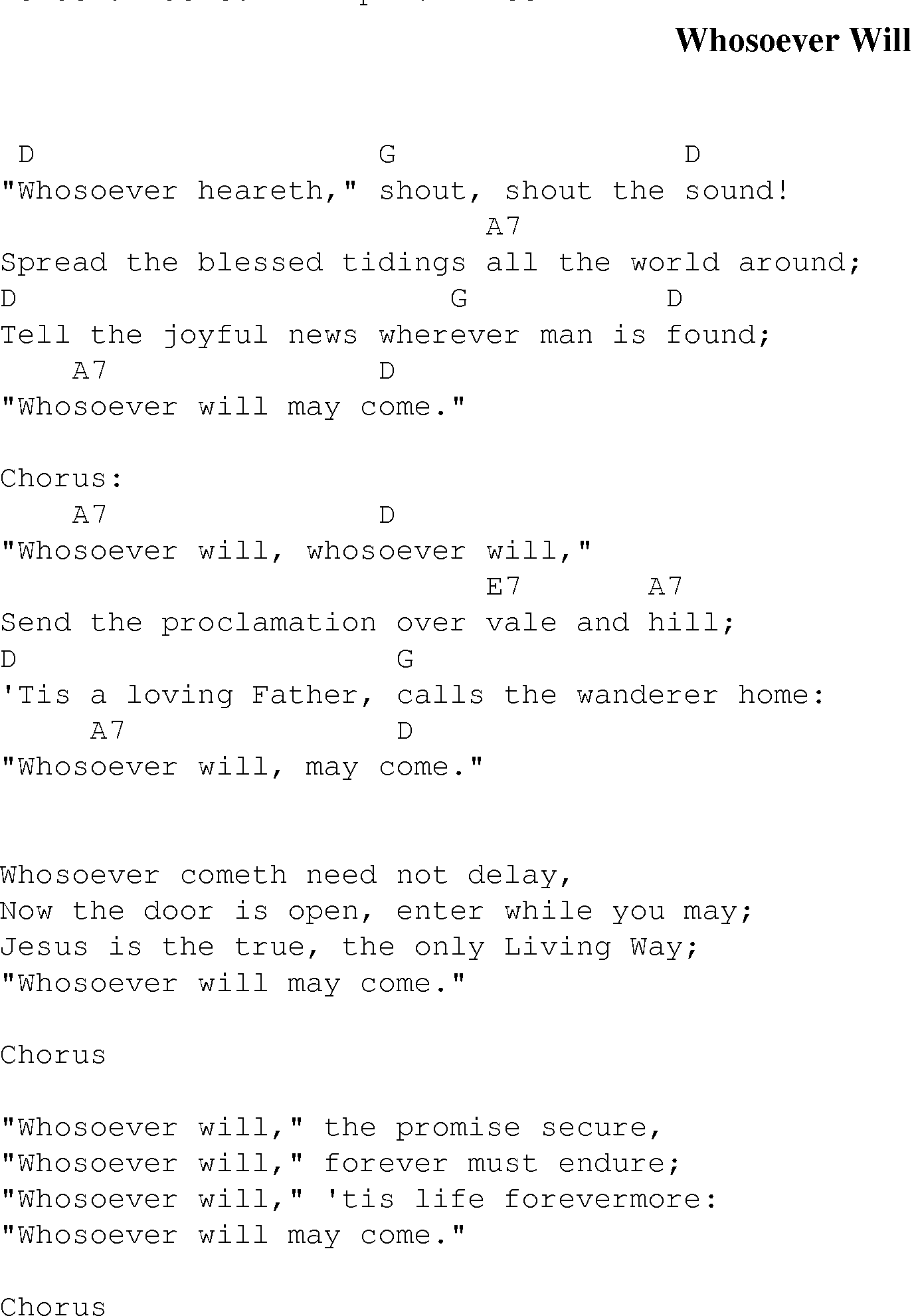 Gospel Song: whosoever_will, lyrics and chords.