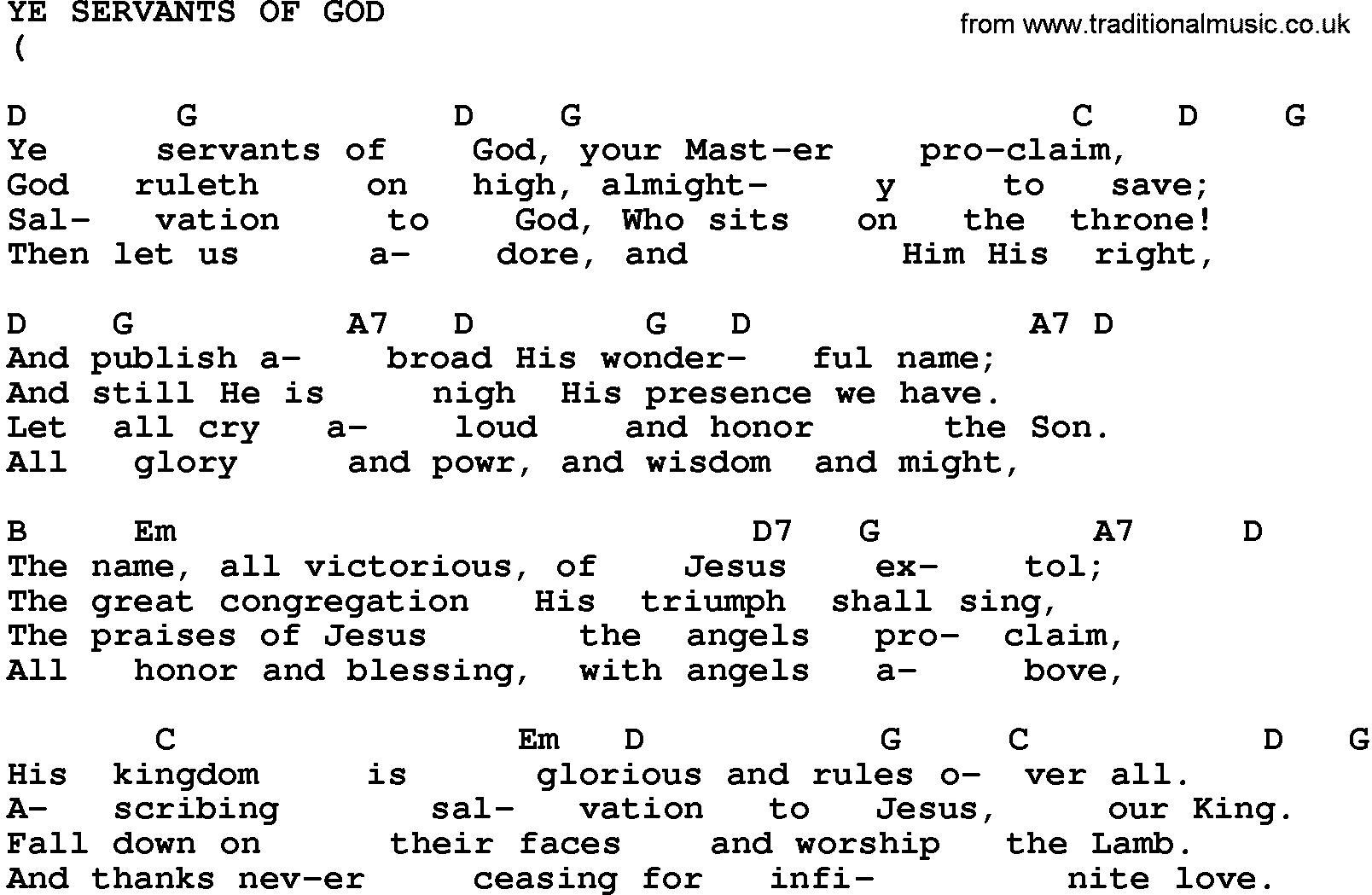 Gospel Song: Ye Servants Of God-Trad, lyrics and chords.