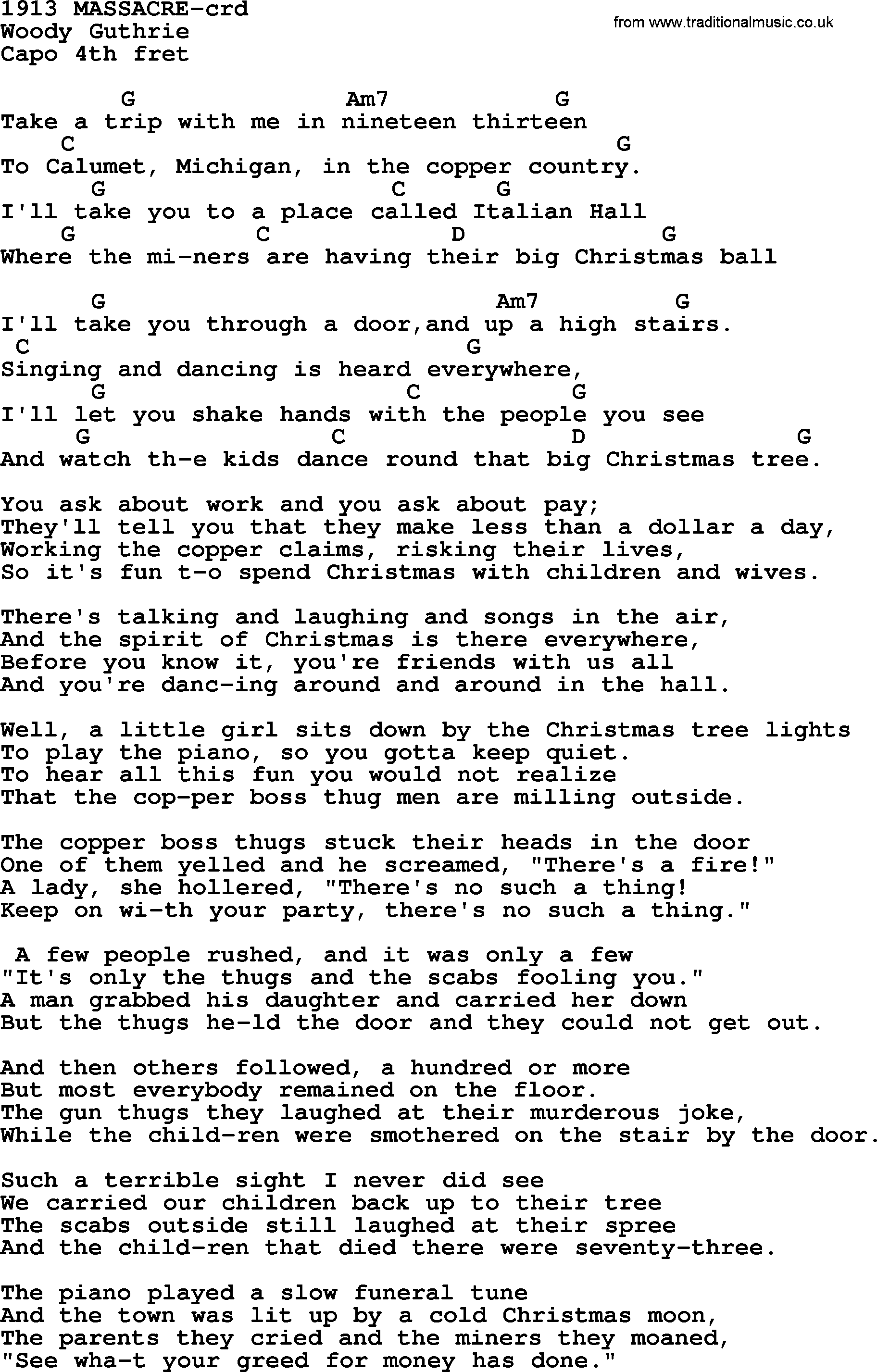 Woody Guthrie song 1913 Massacre lyrics and chords