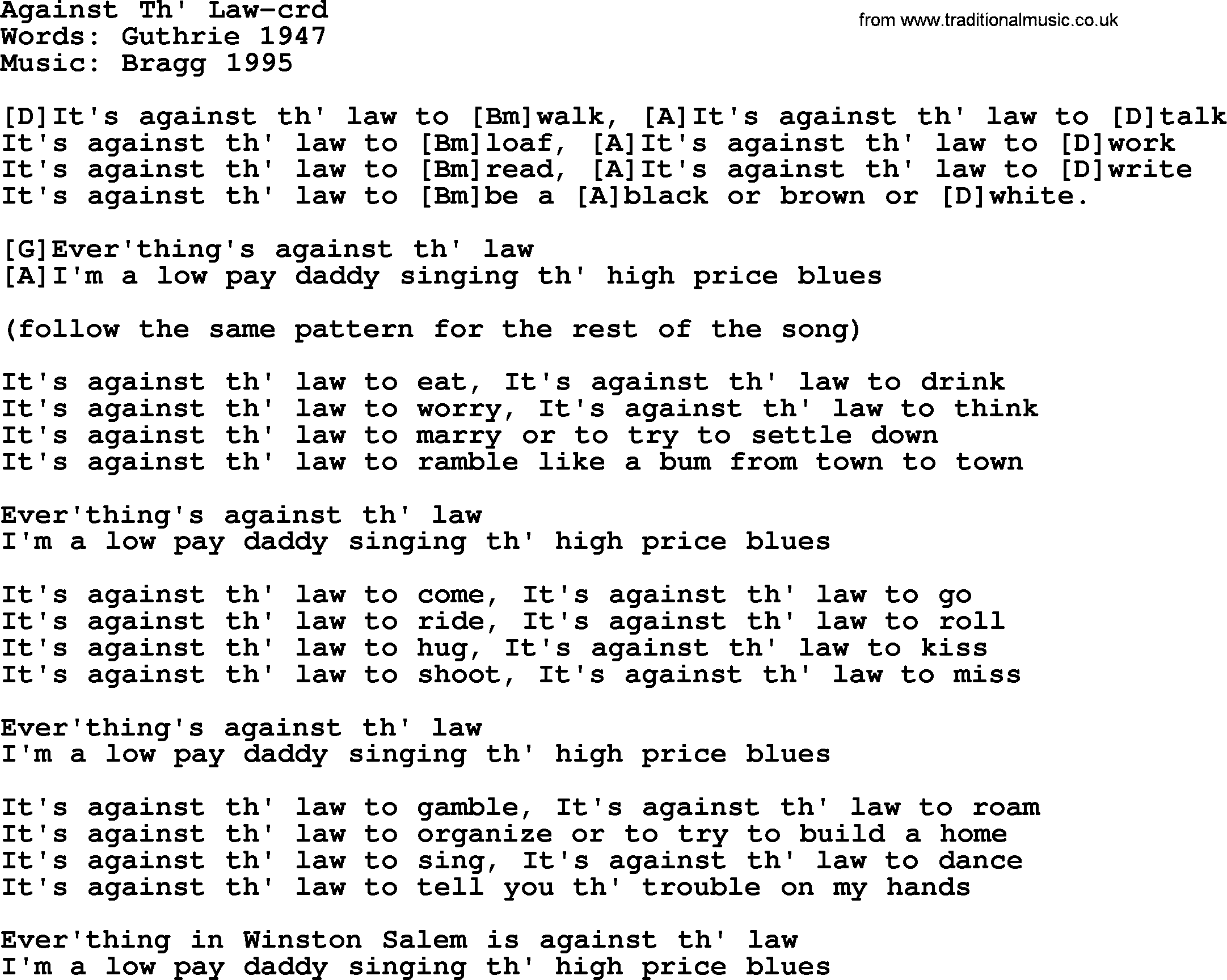Woody Guthrie song Against Th' Law lyrics and chords