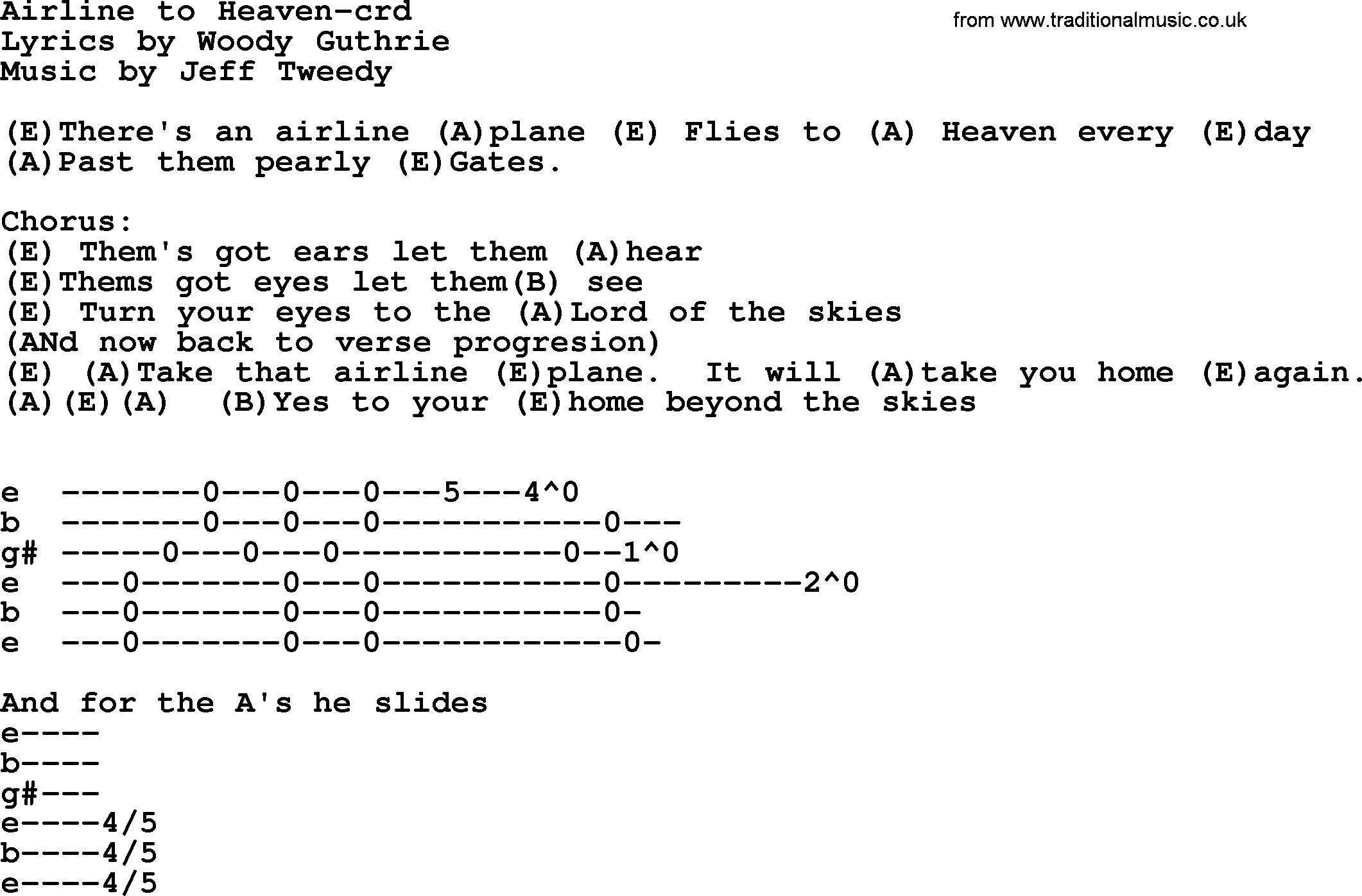 Woody Guthrie song Airline To Heaven lyrics and chords