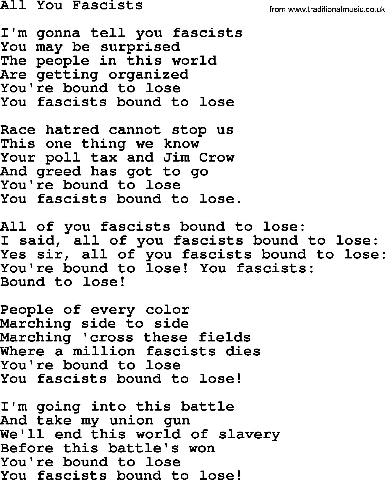 Woody Guthrie song All You Fascists lyrics