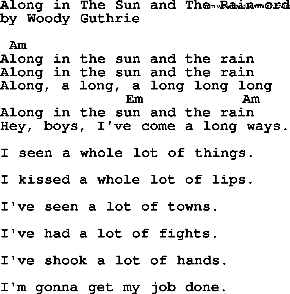 Woody Guthrie song Along In The Sun And The Rain lyrics and chords