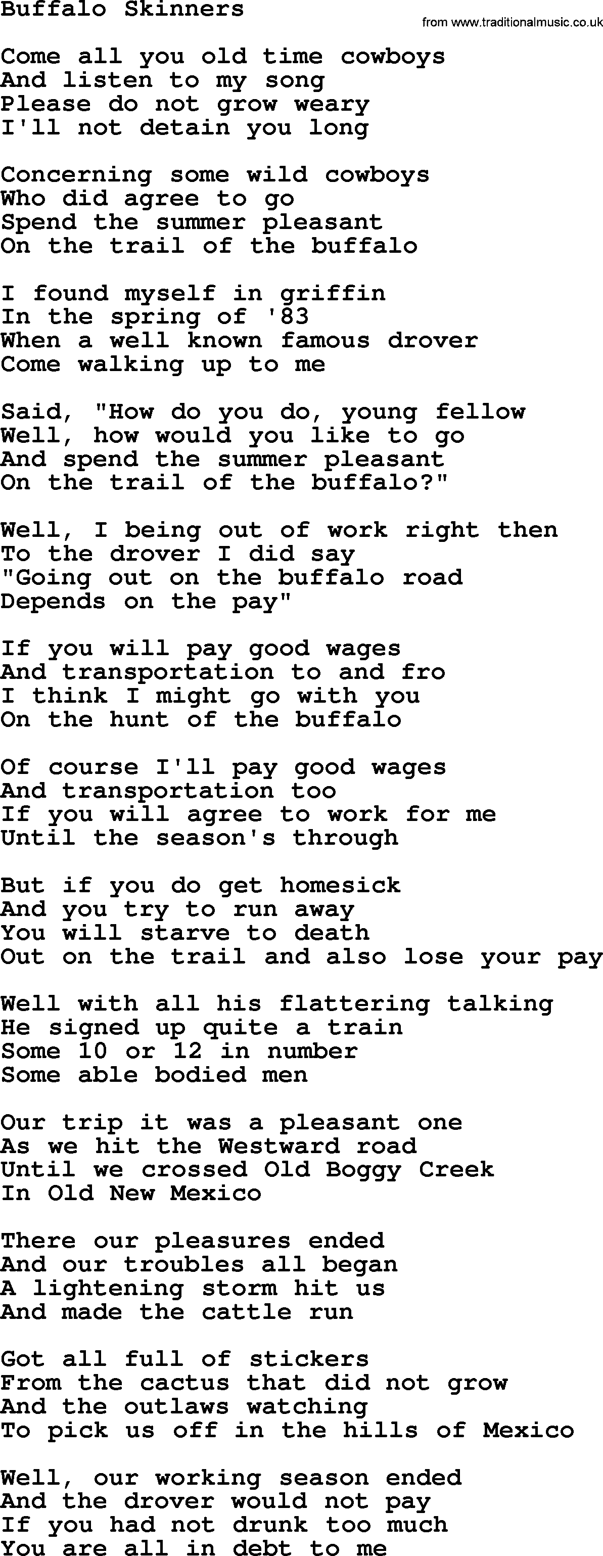 Woody Guthrie song Buffalo Skinners lyrics