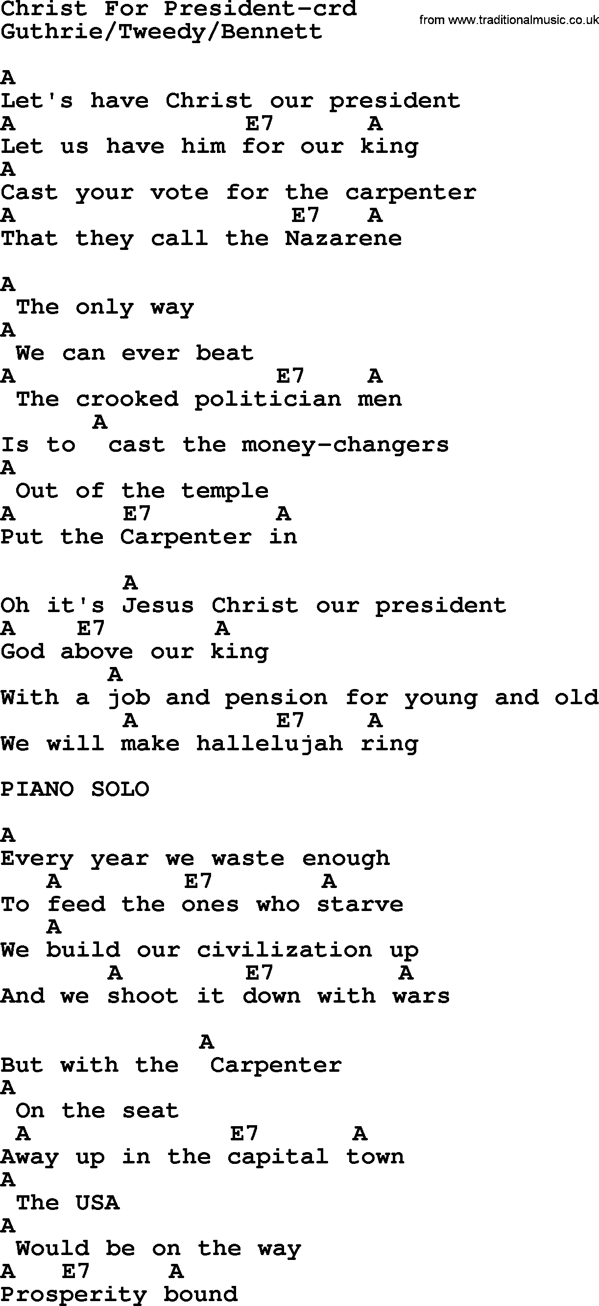 Woody Guthrie song Christ For President lyrics and chords