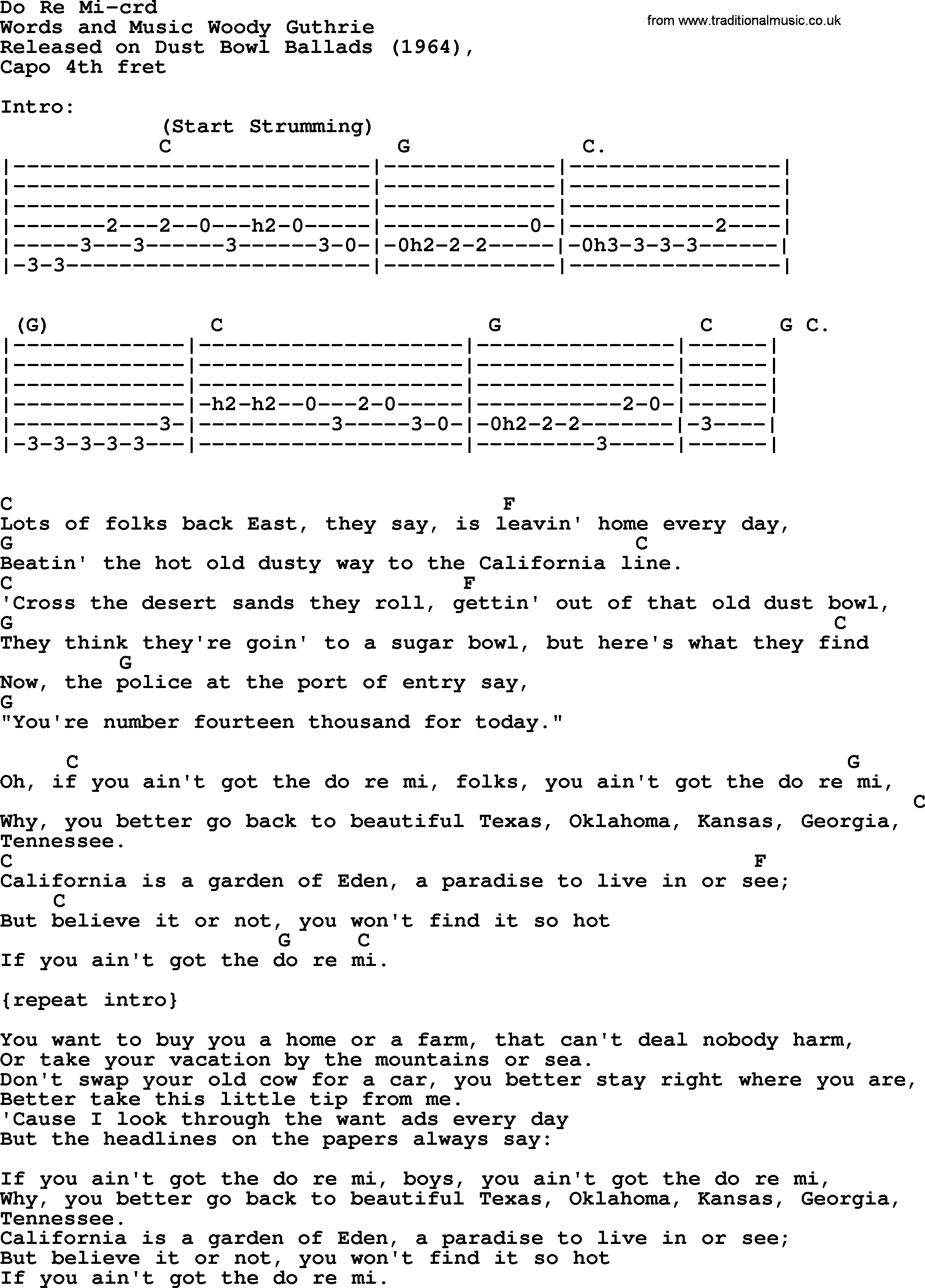 Woody Guthrie song Do Re Mi lyrics and chords