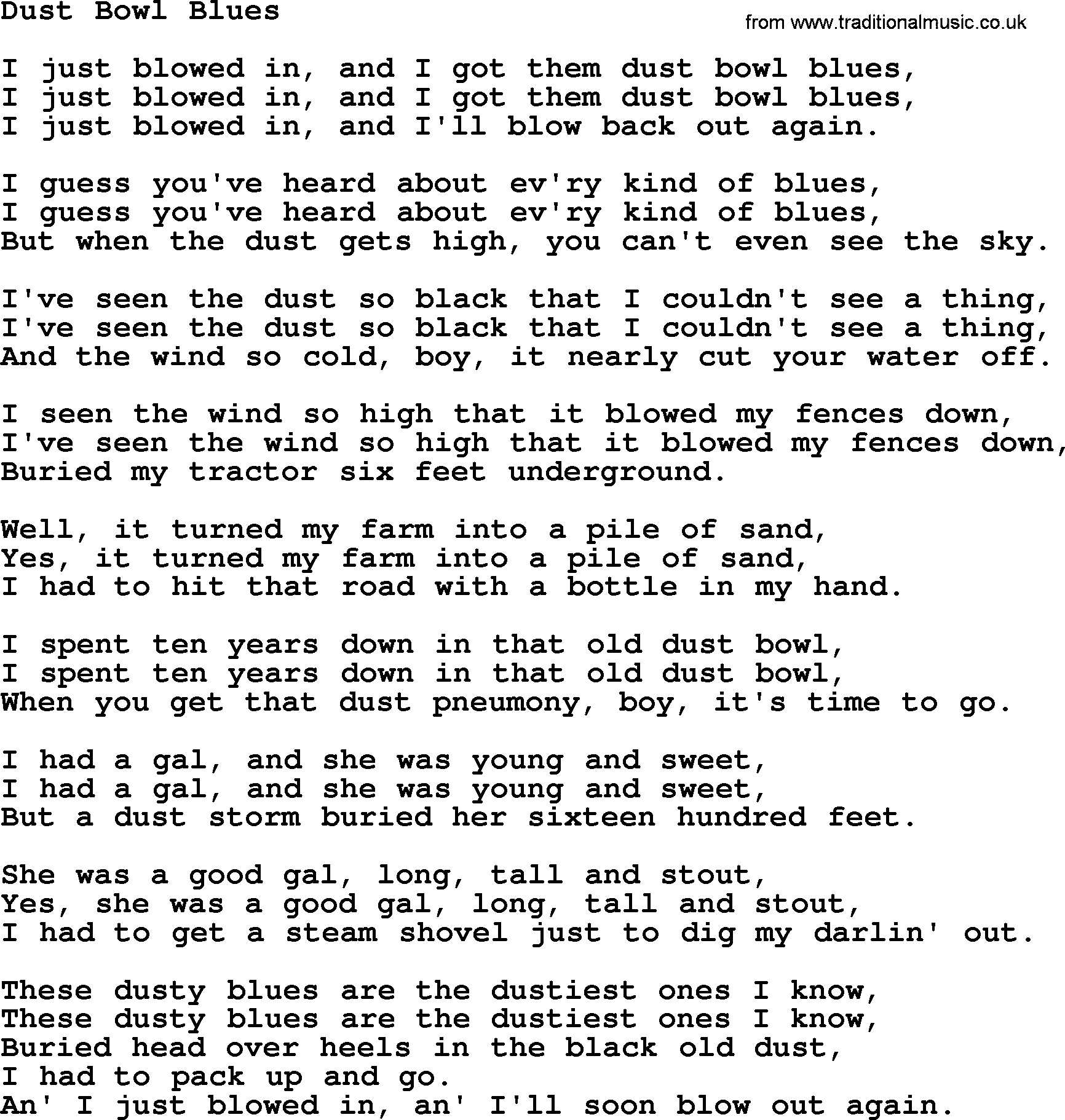 Woody Guthrie song Dust Bowl Blues lyrics