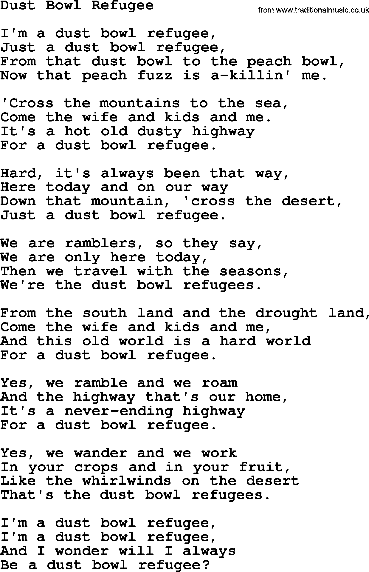 Woody Guthrie Song Dust Bowl Refugee Lyrics