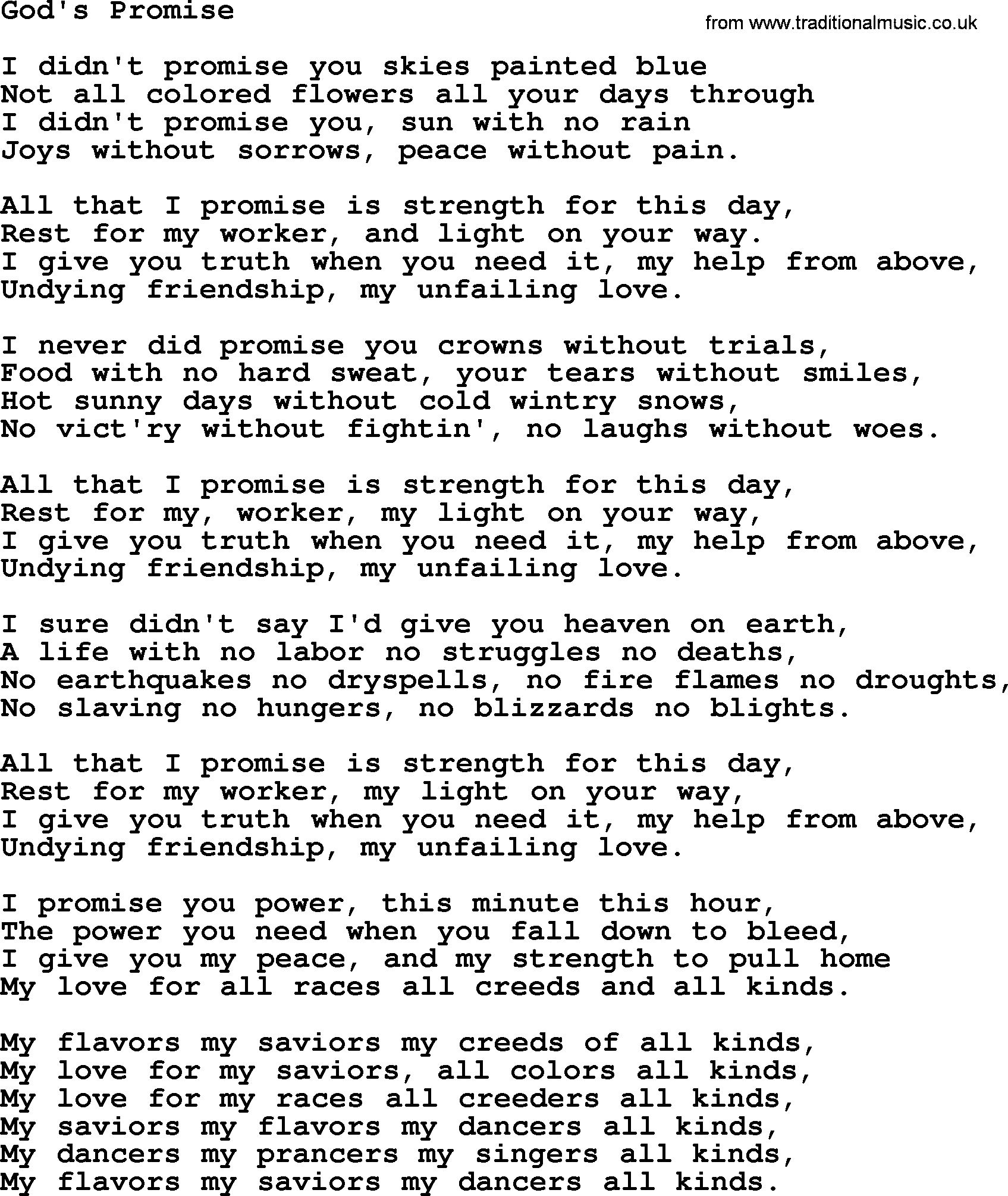 Woody Guthrie song Gods Promise lyrics