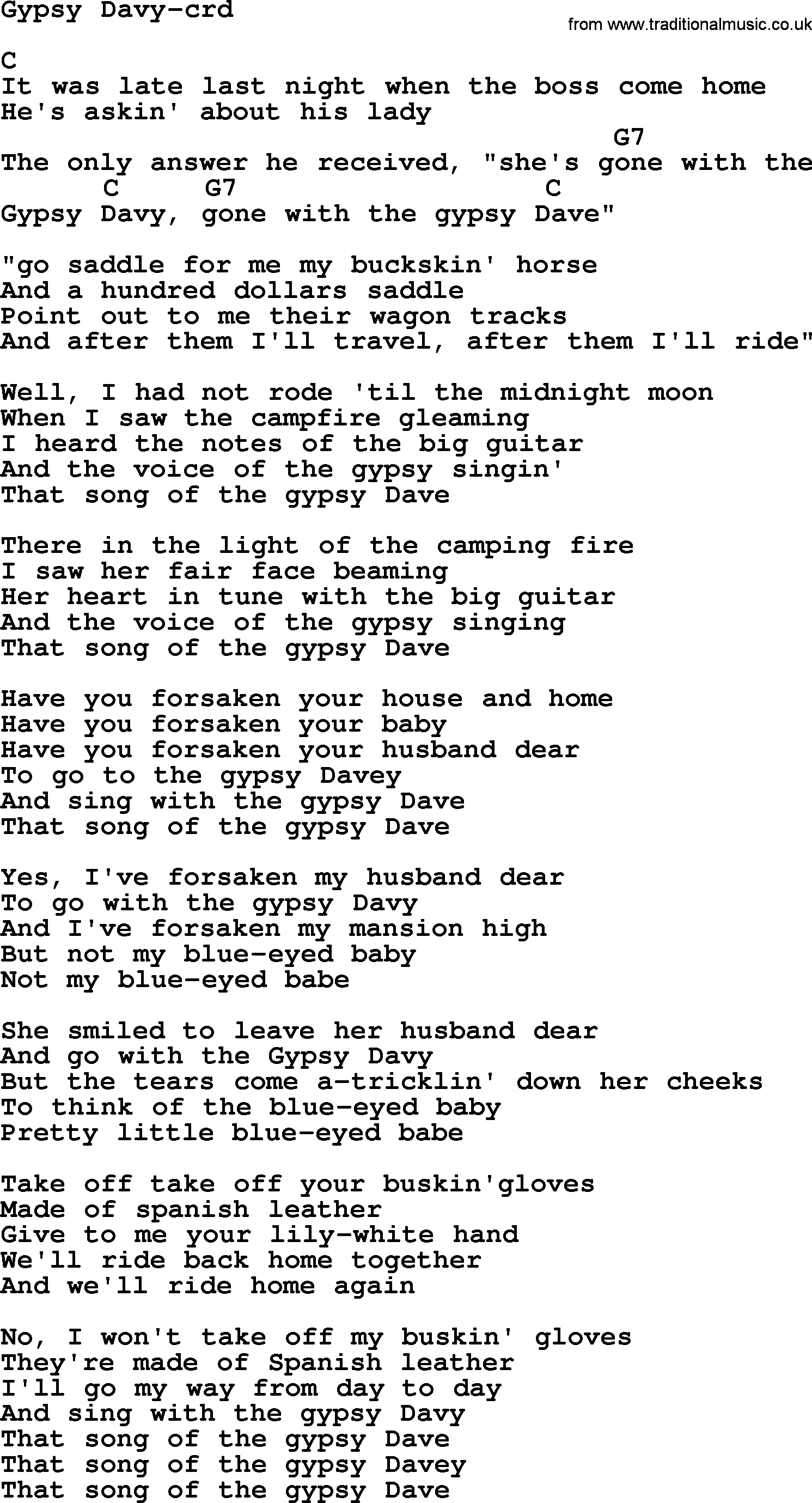 Woody Guthrie song Gypsy Davy lyrics and chords