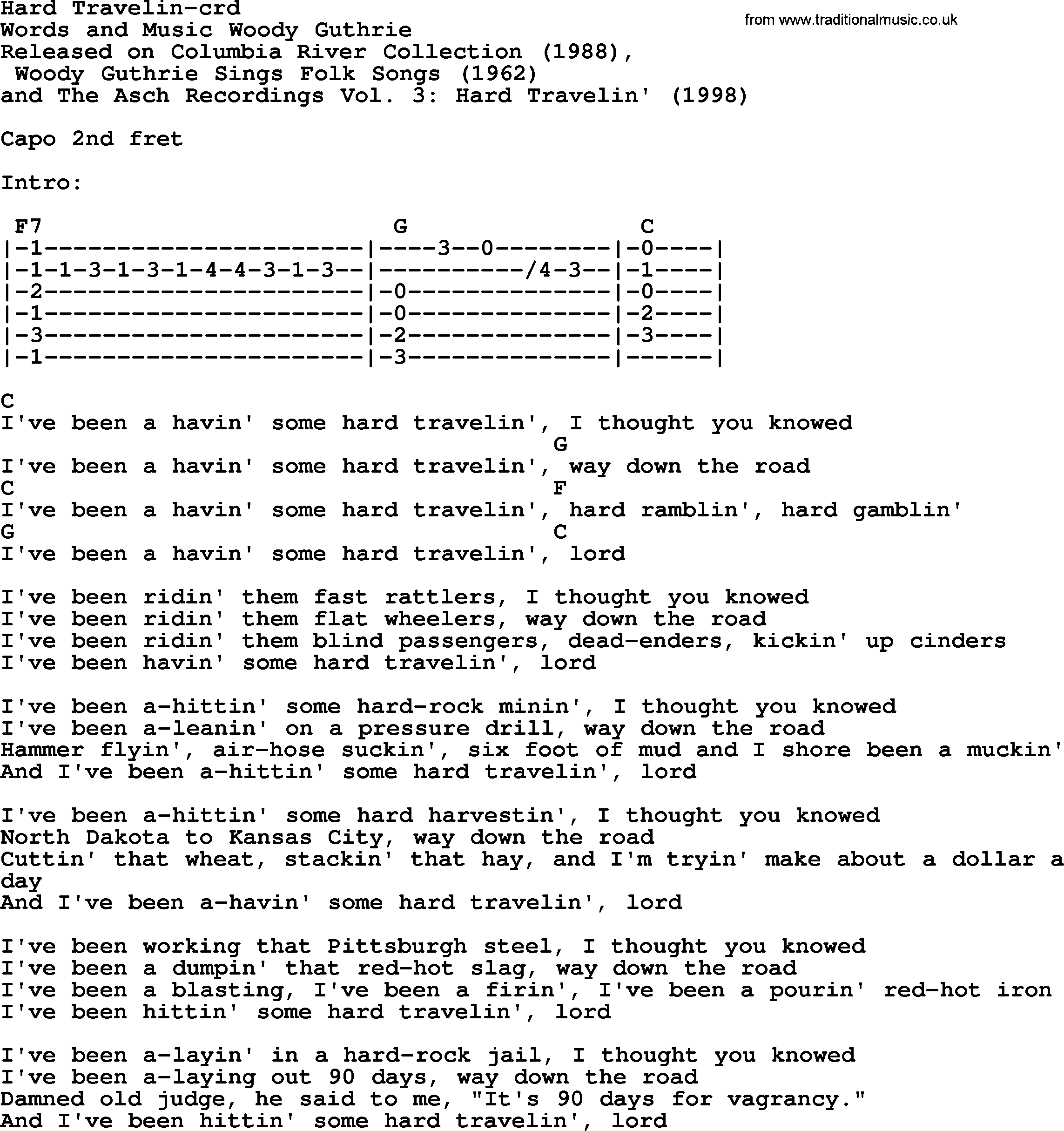 Woody Guthrie song Hard Travelin lyrics and chords