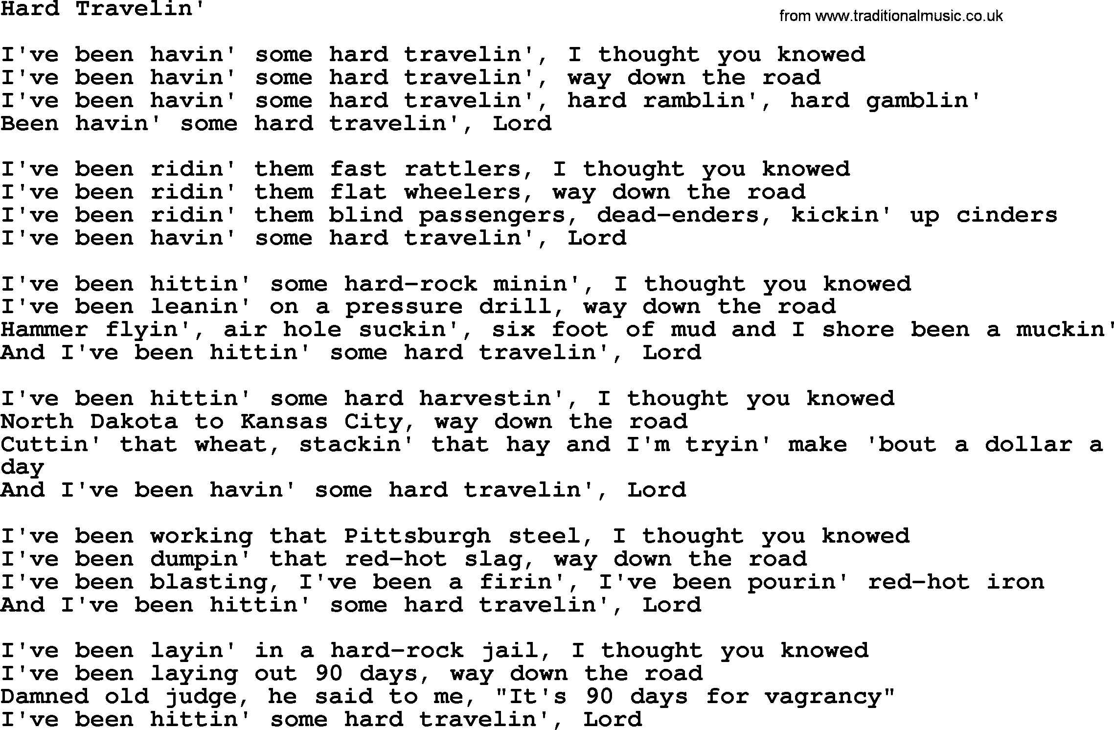 Woody Guthrie song Hard Travelin lyrics