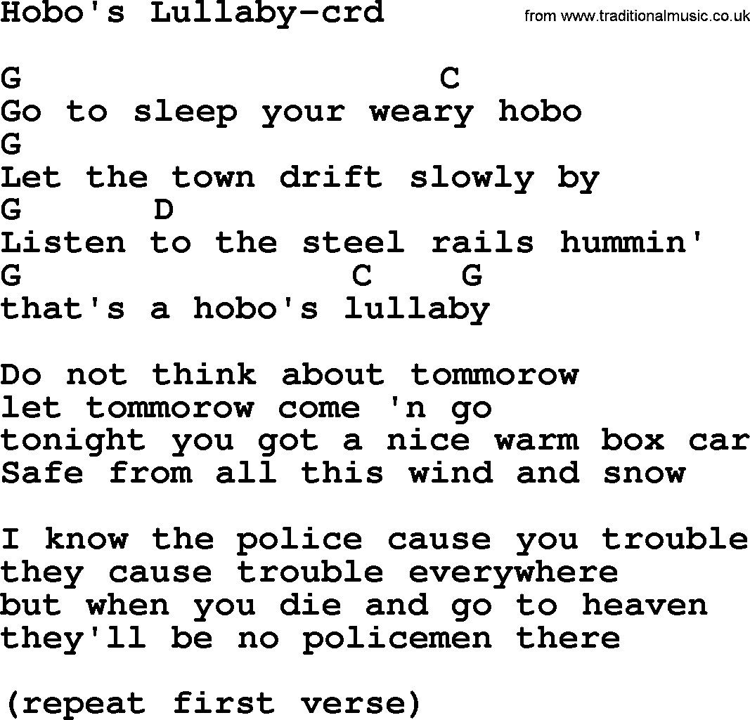 Woody Guthrie song Hobo's Lullaby lyrics and chords