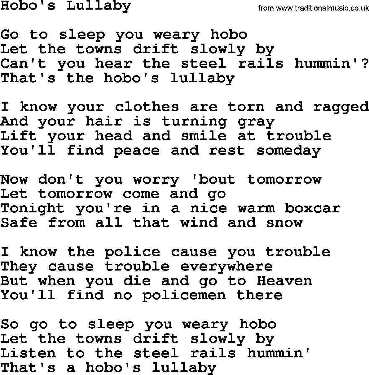 Woody Guthrie song Hobos Lullaby lyrics