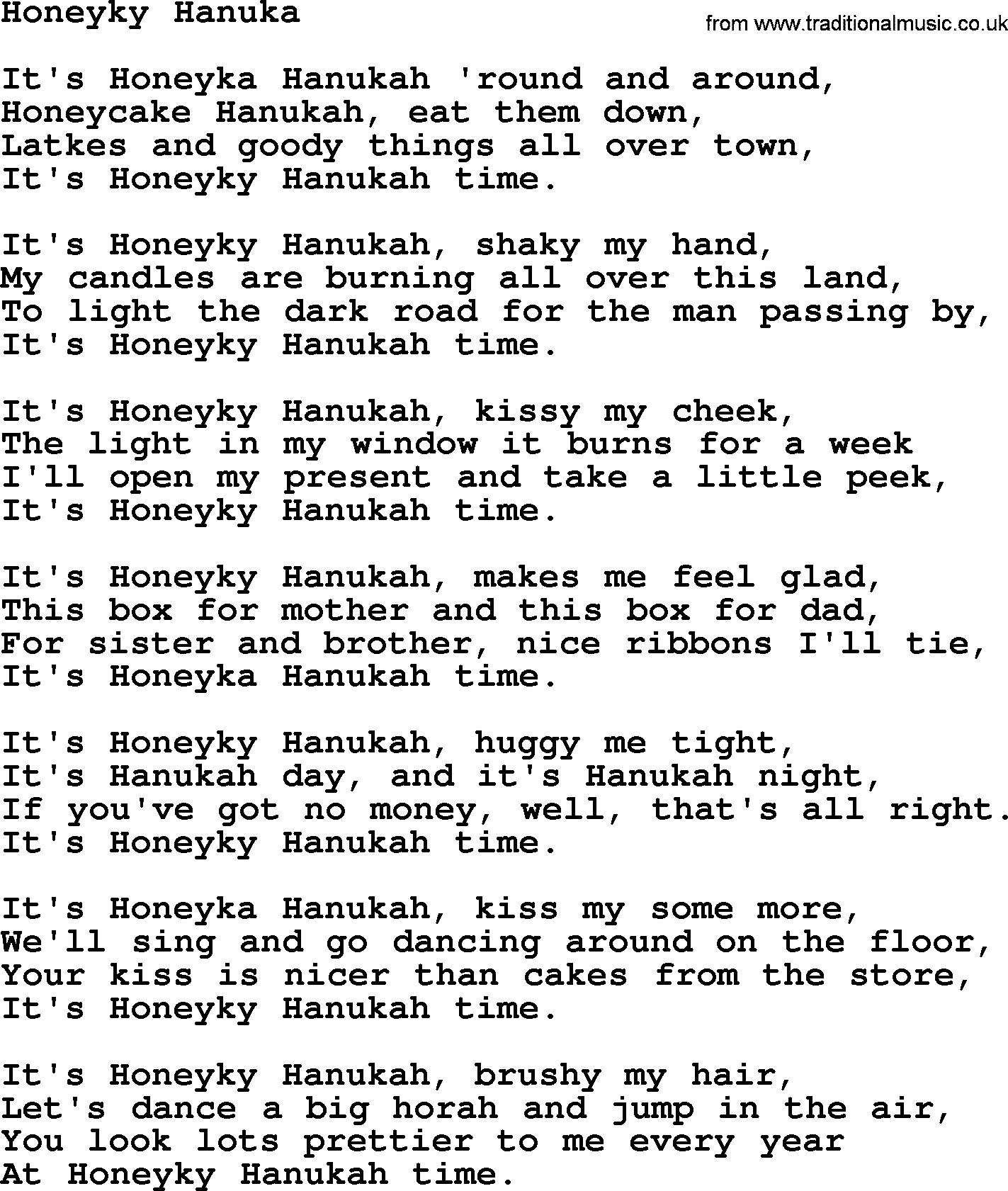 Woody Guthrie song Honeyky Hanuka lyrics
