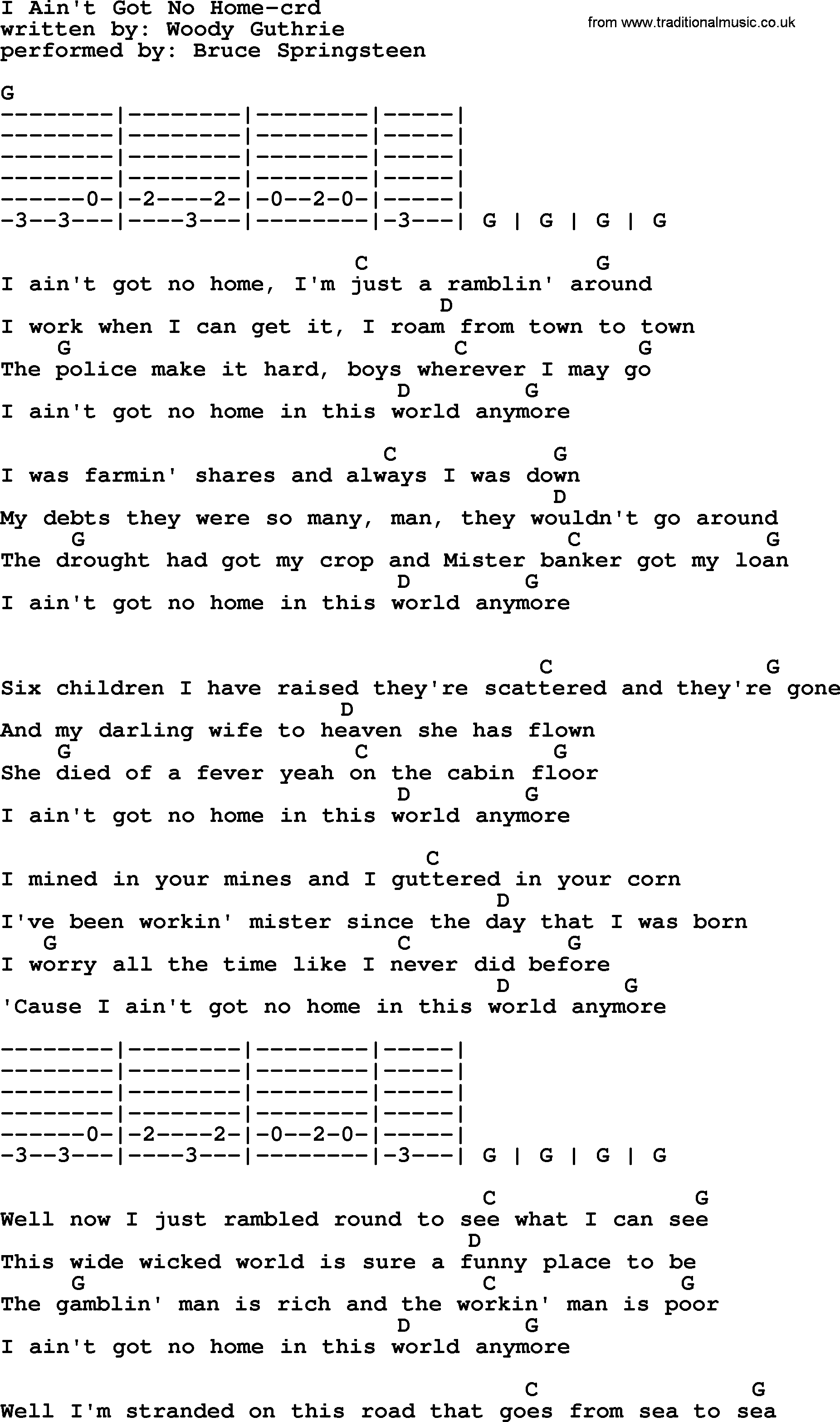 Woody Guthrie song I Ain't Got No Home lyrics and chords