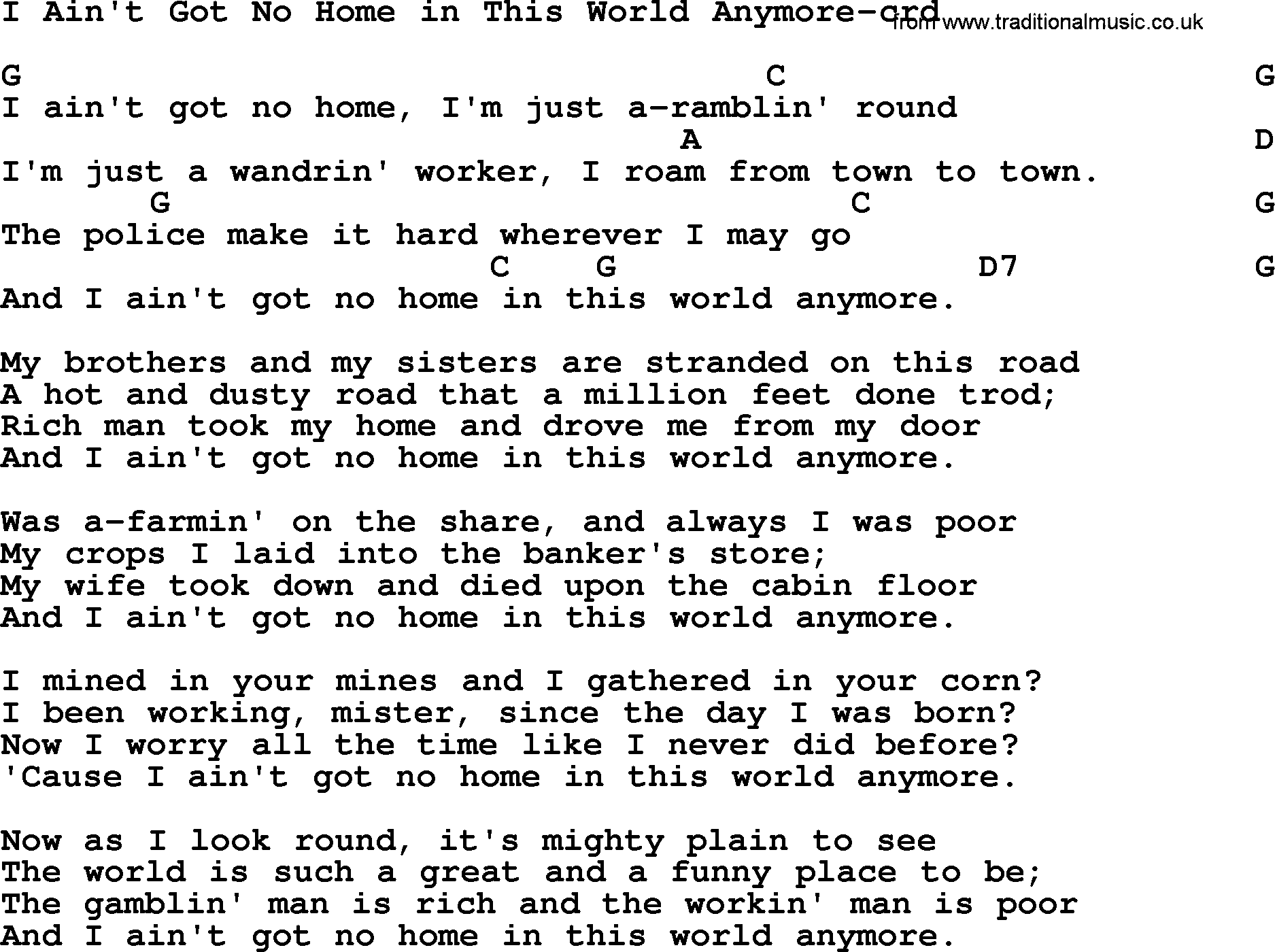 Woody Guthrie song I Ain't Got No Home In This World Anymore lyrics and chords