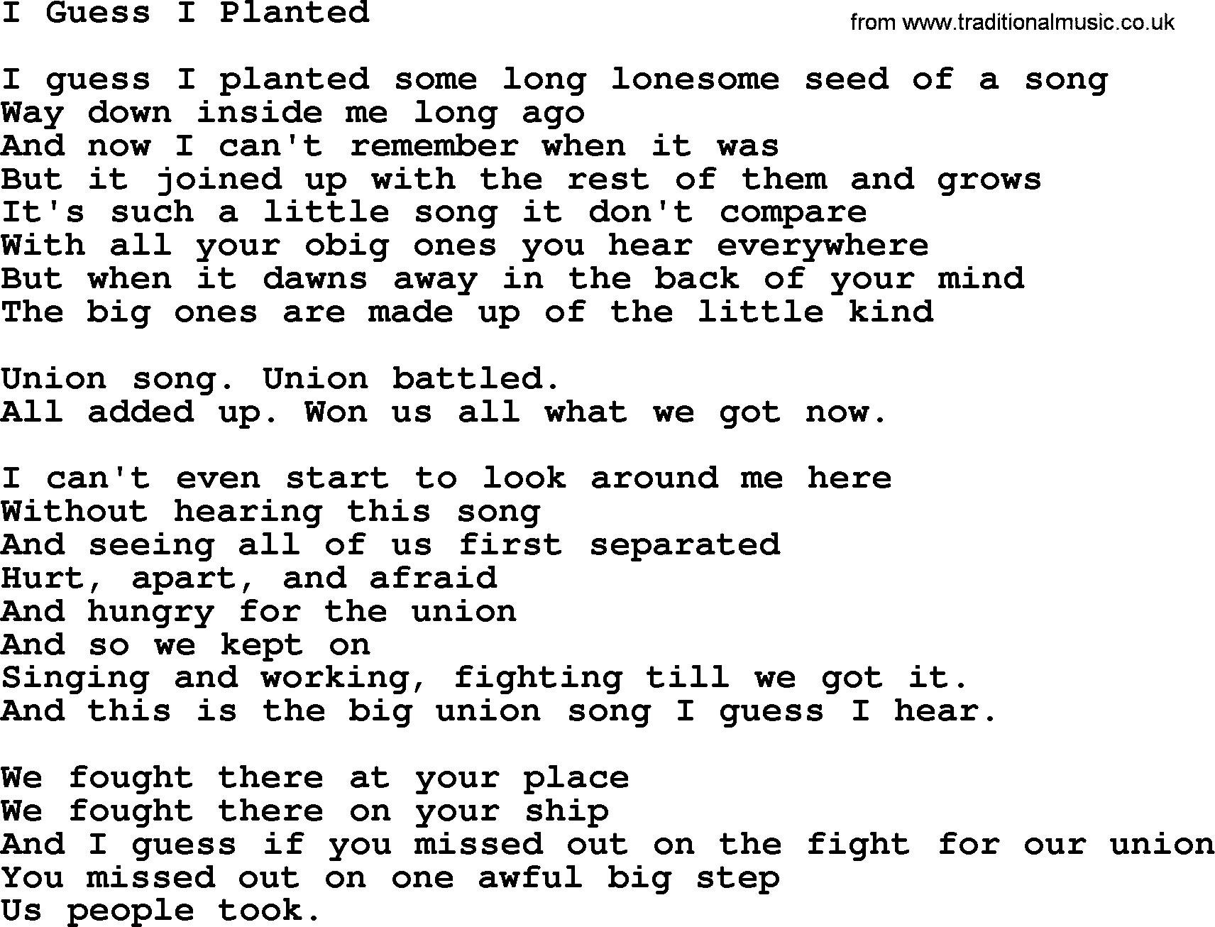Woody Guthrie song I Guess I Planted lyrics