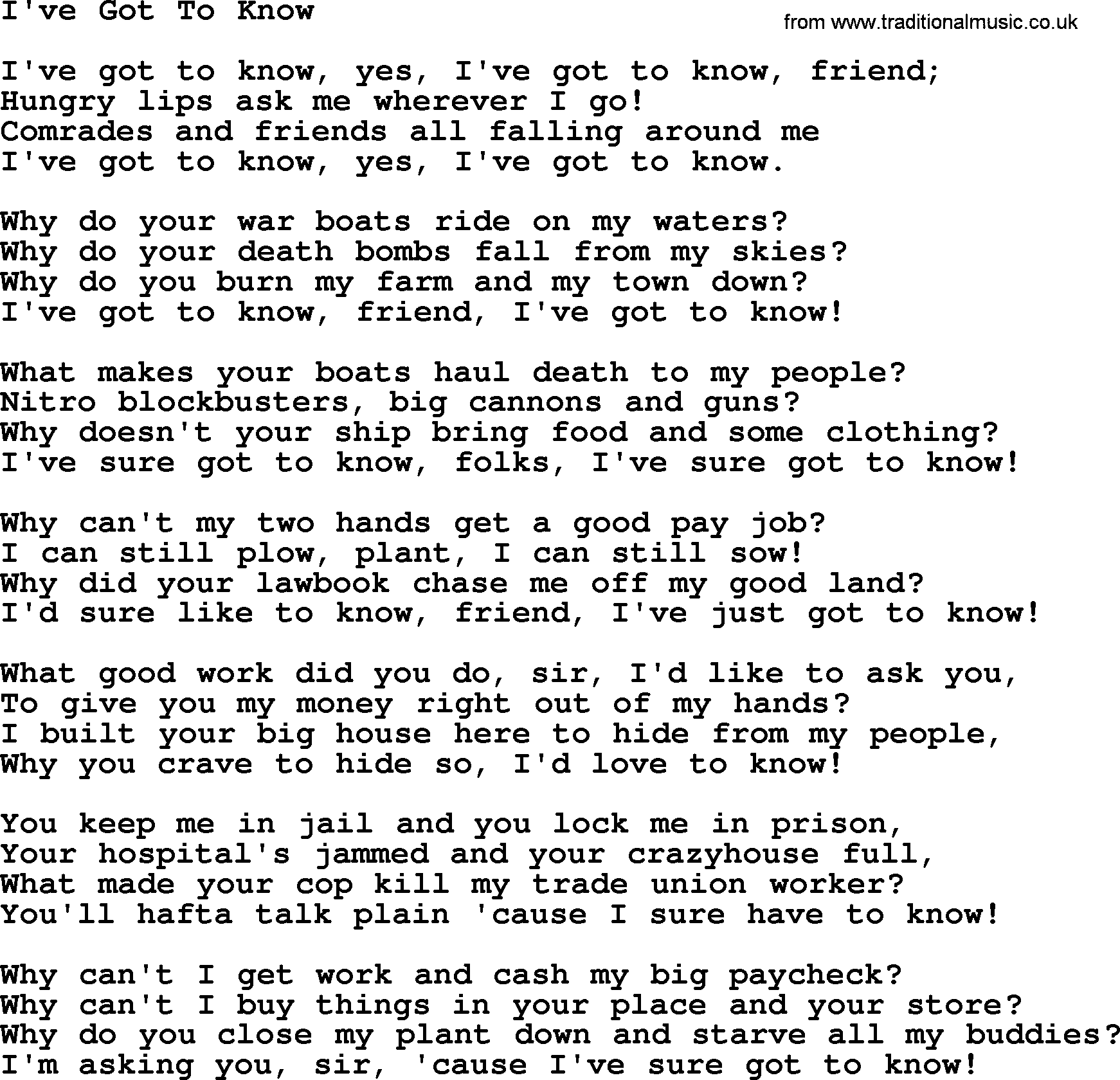Woody Guthrie song Ive Got To Know lyrics