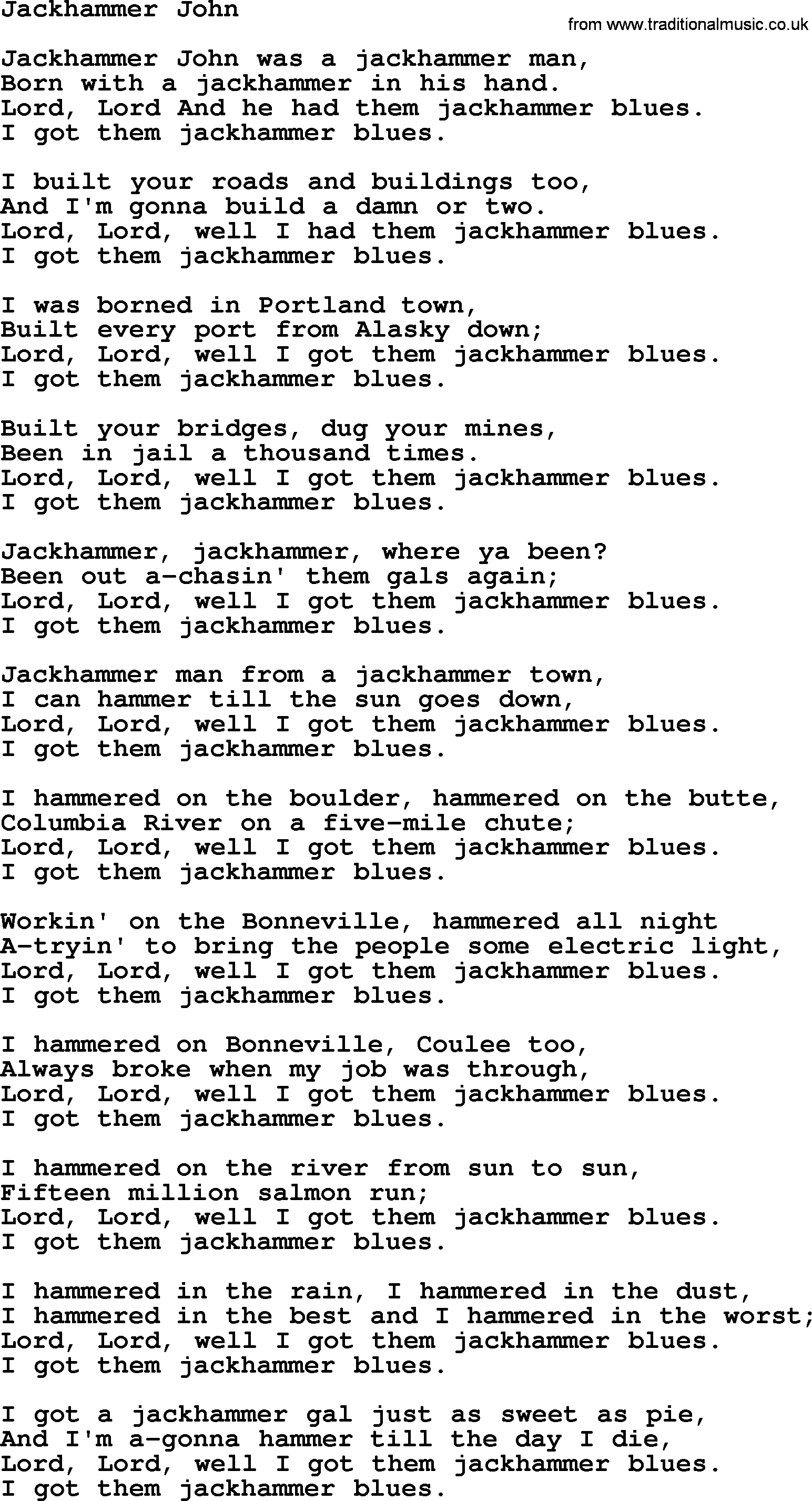 Woody Guthrie song Jackhammer John lyrics