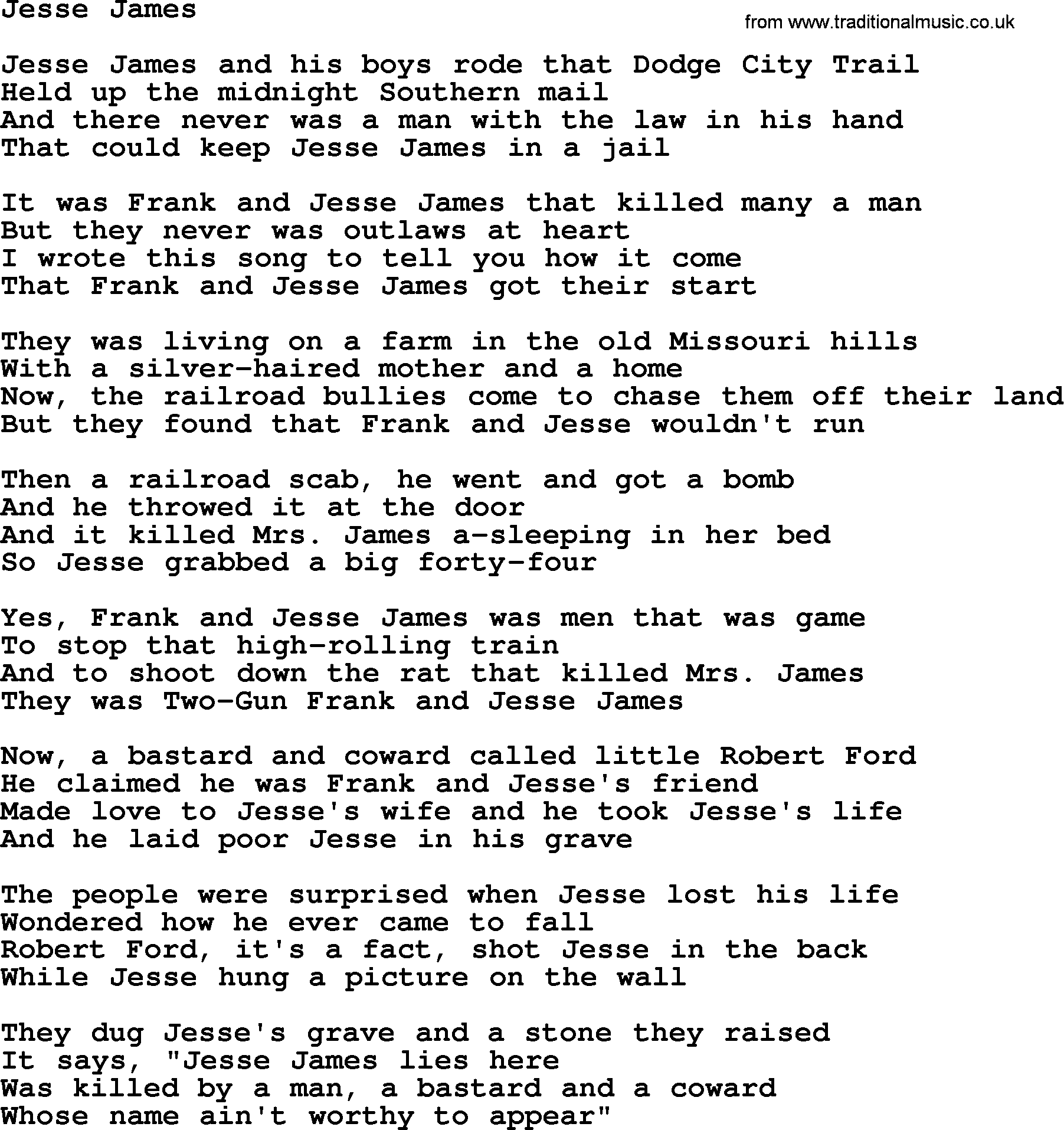 Woody Guthrie song Jesse James lyrics