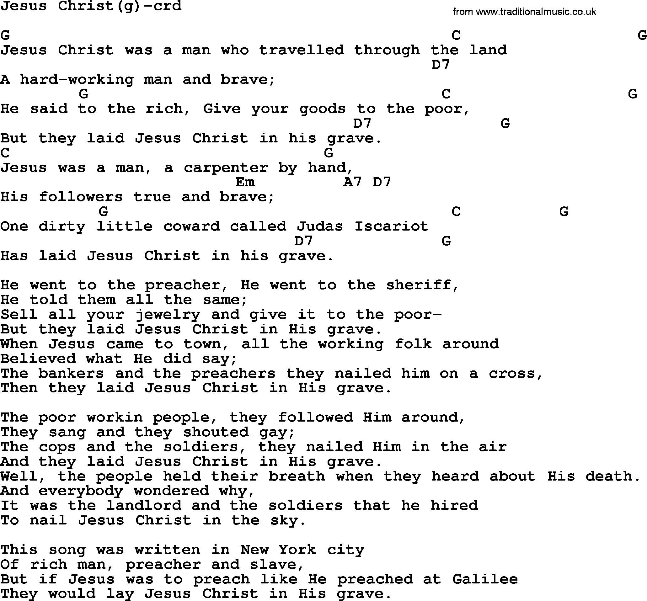 Woody Guthrie song Jesus Christ(g) lyrics and chords