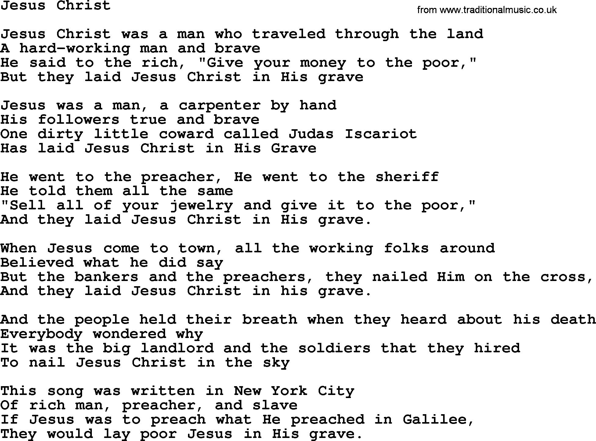 Woody Guthrie song Jesus Christ lyrics