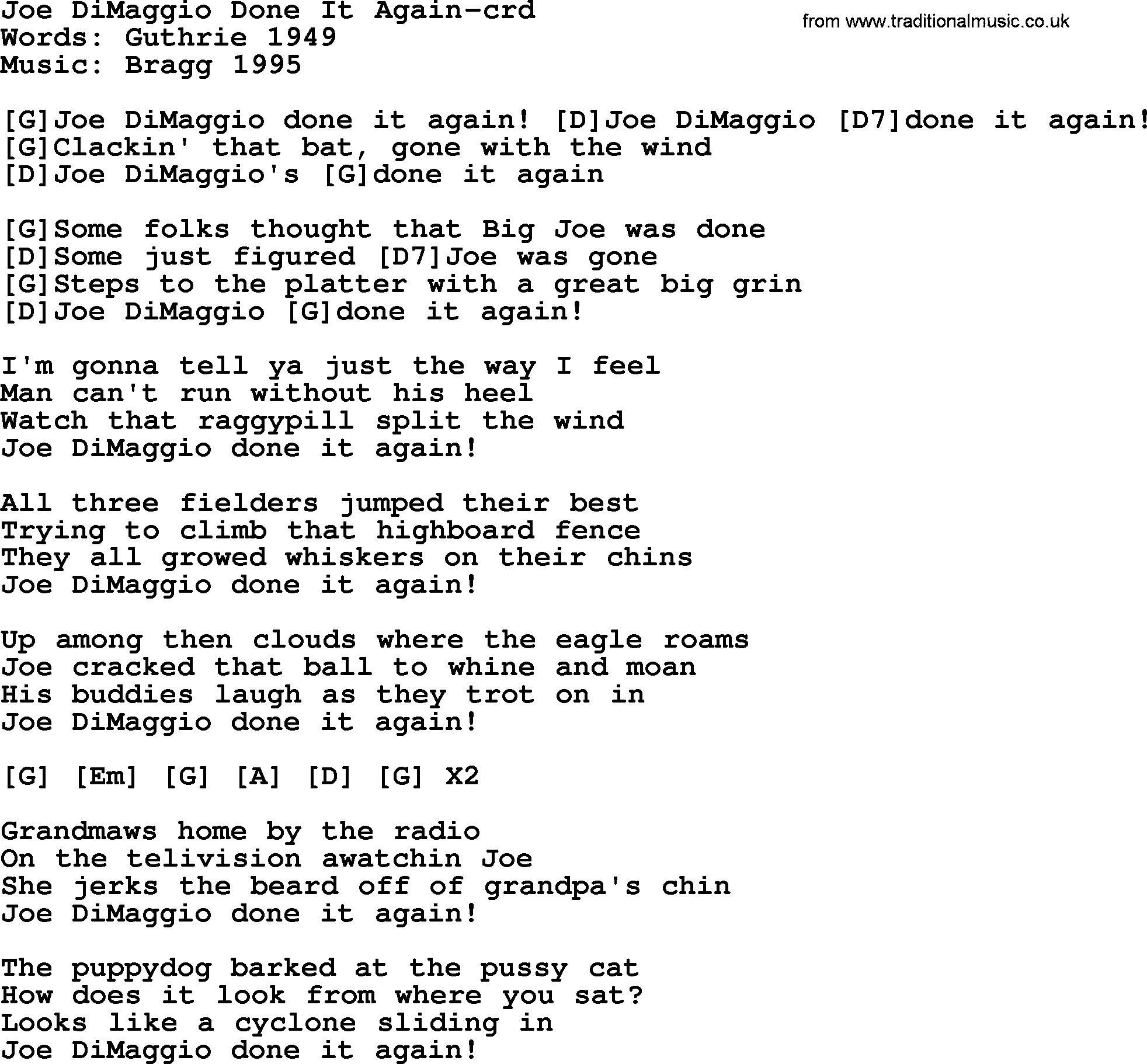 Woody Guthrie song Joe Dimaggio Done It Again lyrics and chords