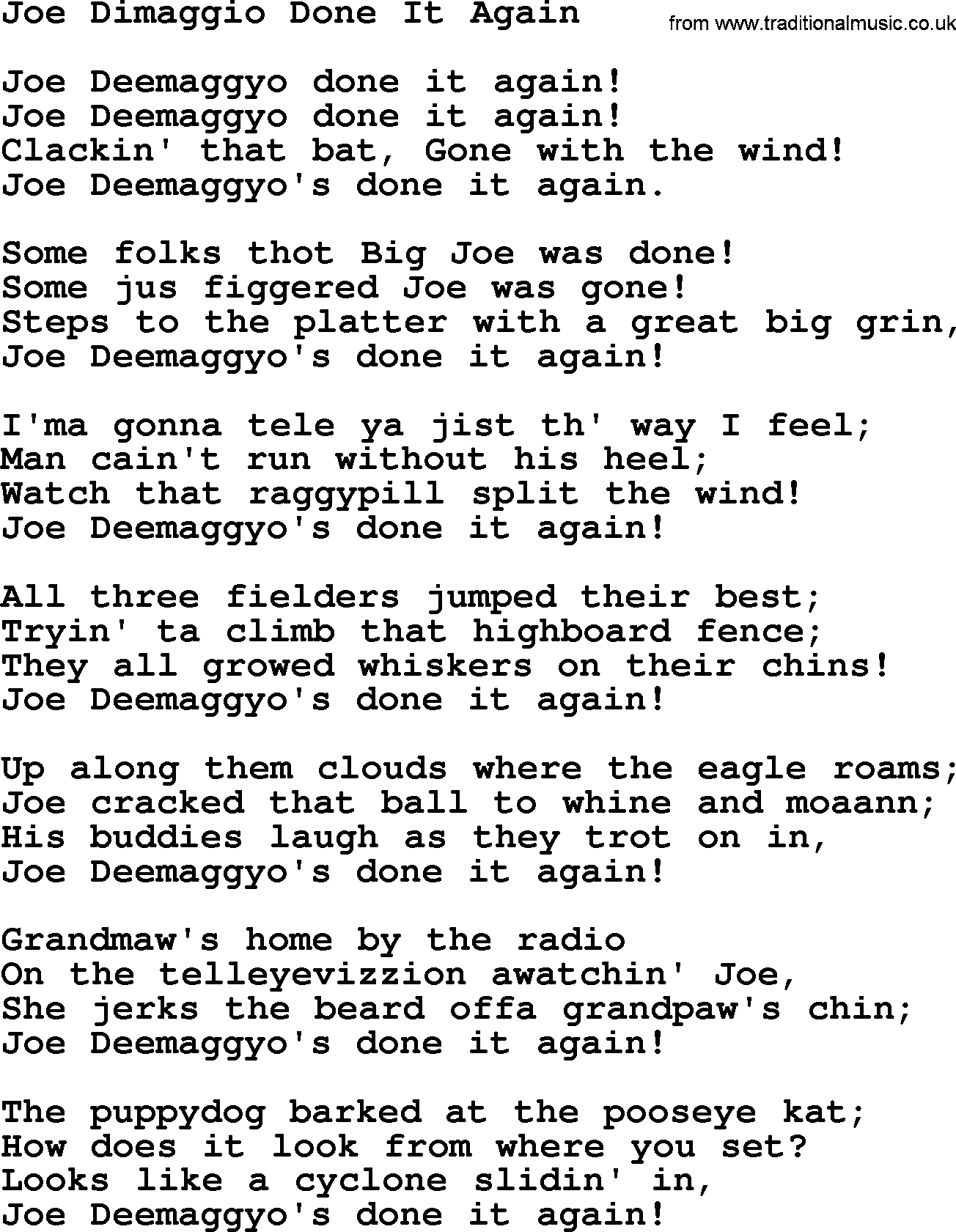 Woody Guthrie song Joe Dimaggio Done It Again lyrics
