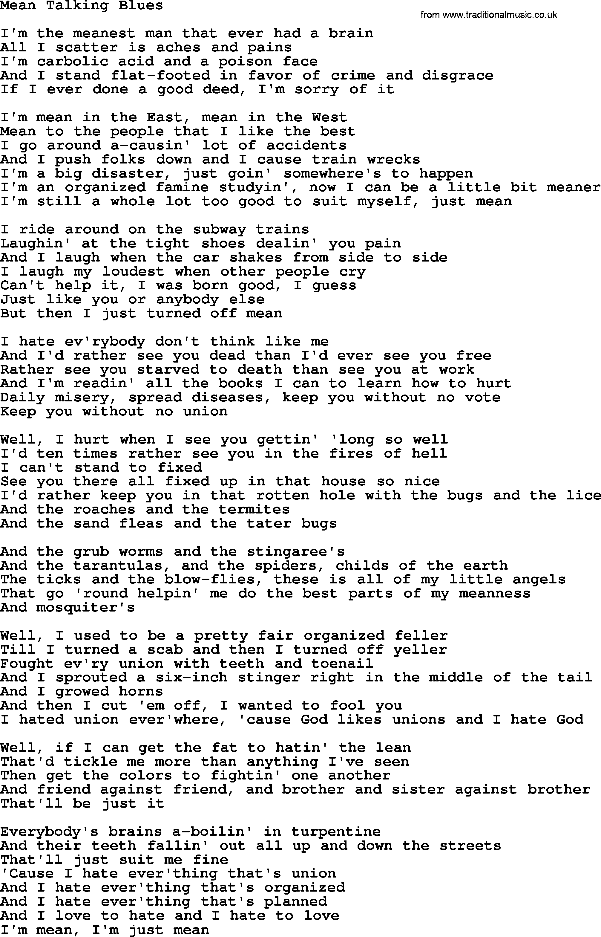 Woody Guthrie song Mean Talking Blues lyrics