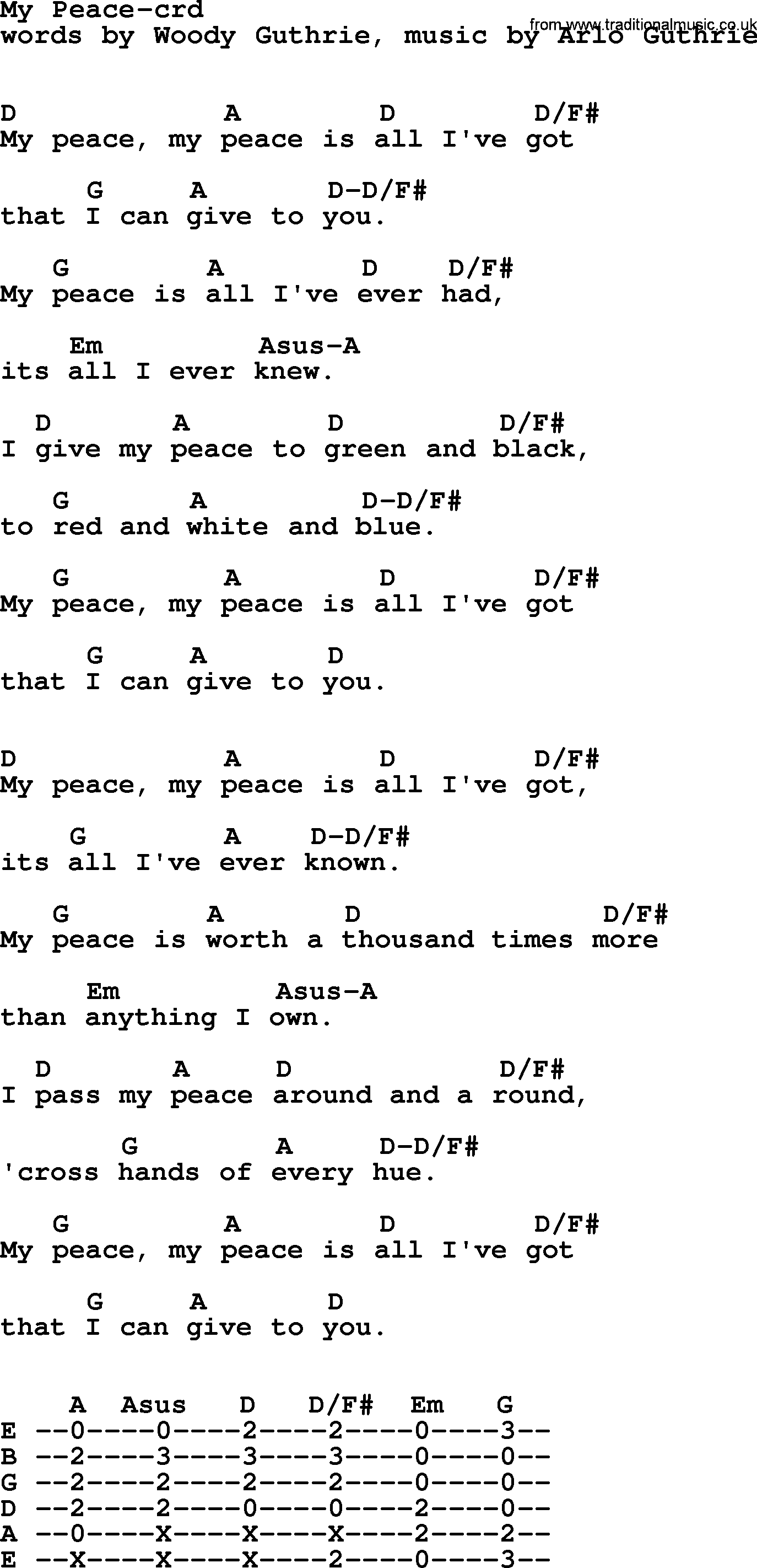 Woody Guthrie song My Peace lyrics and chords