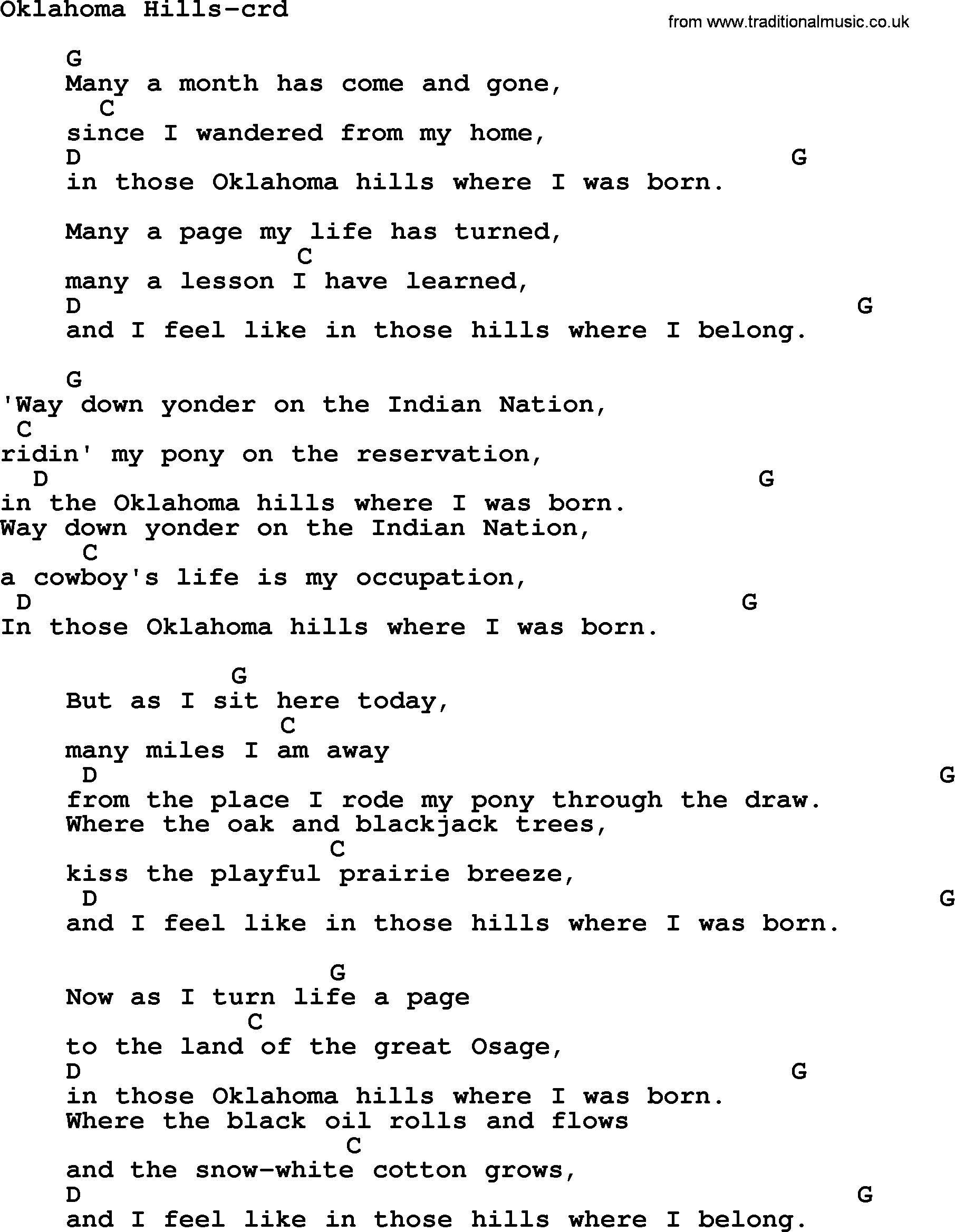 Woody Guthrie song Oklahoma Hills lyrics and chords