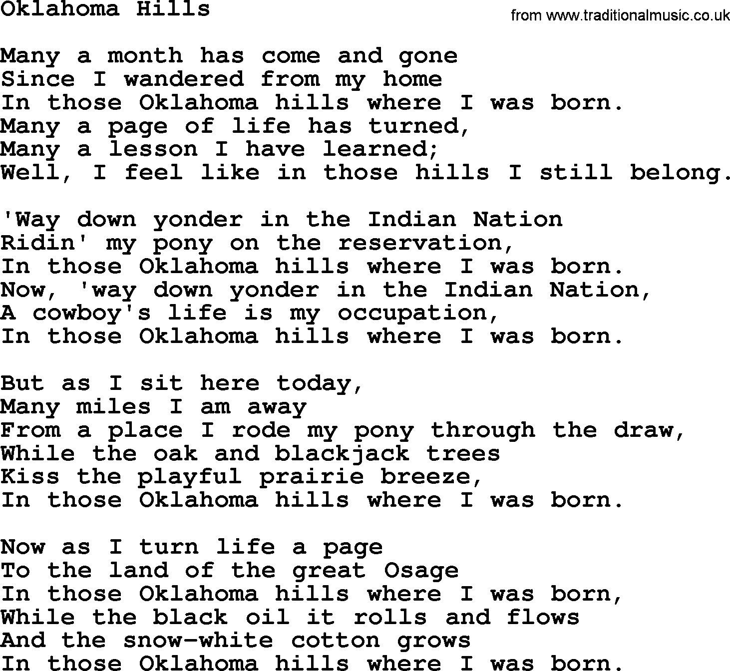 Woody Guthrie song Oklahoma Hills lyrics