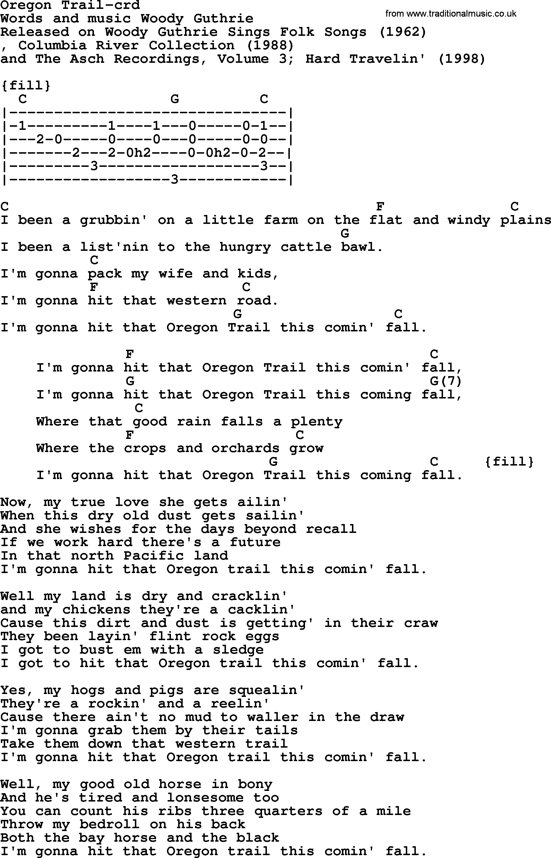 Woody Guthrie song Oregon Trail lyrics and chords