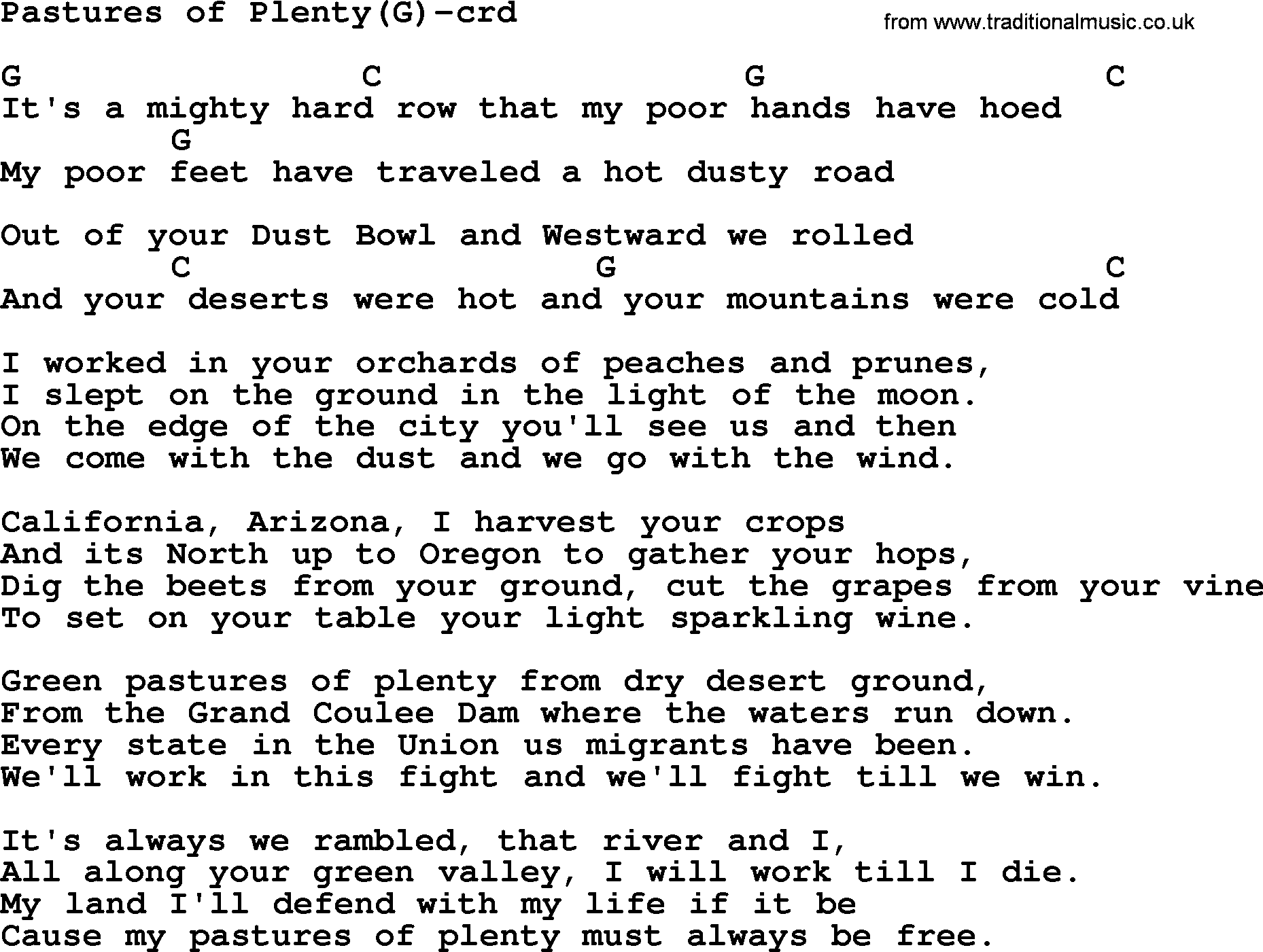 Woody Guthrie song Pastures Of Plenty(g) lyrics and chords