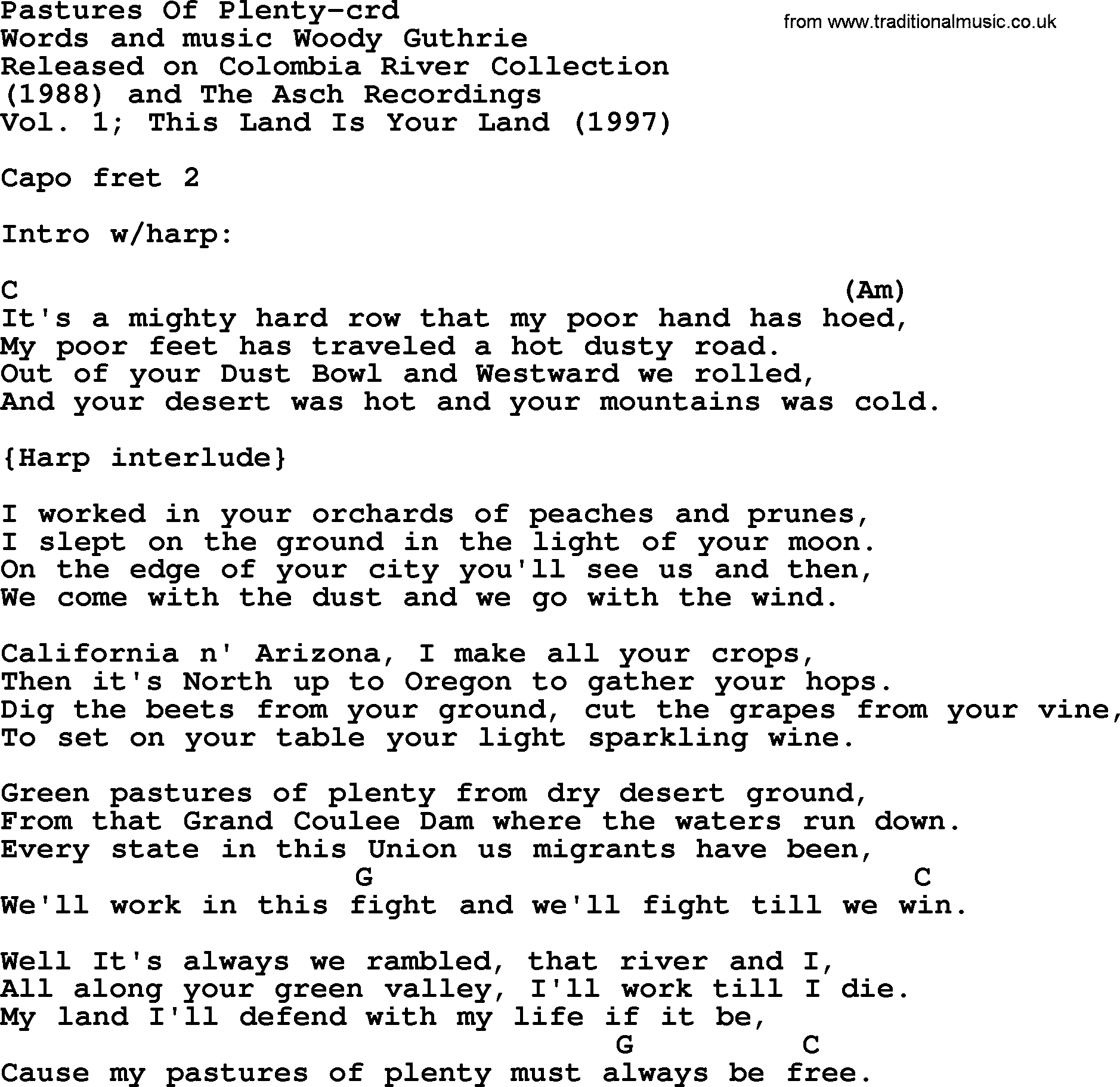 Woody Guthrie song Pastures Of Plenty lyrics and chords
