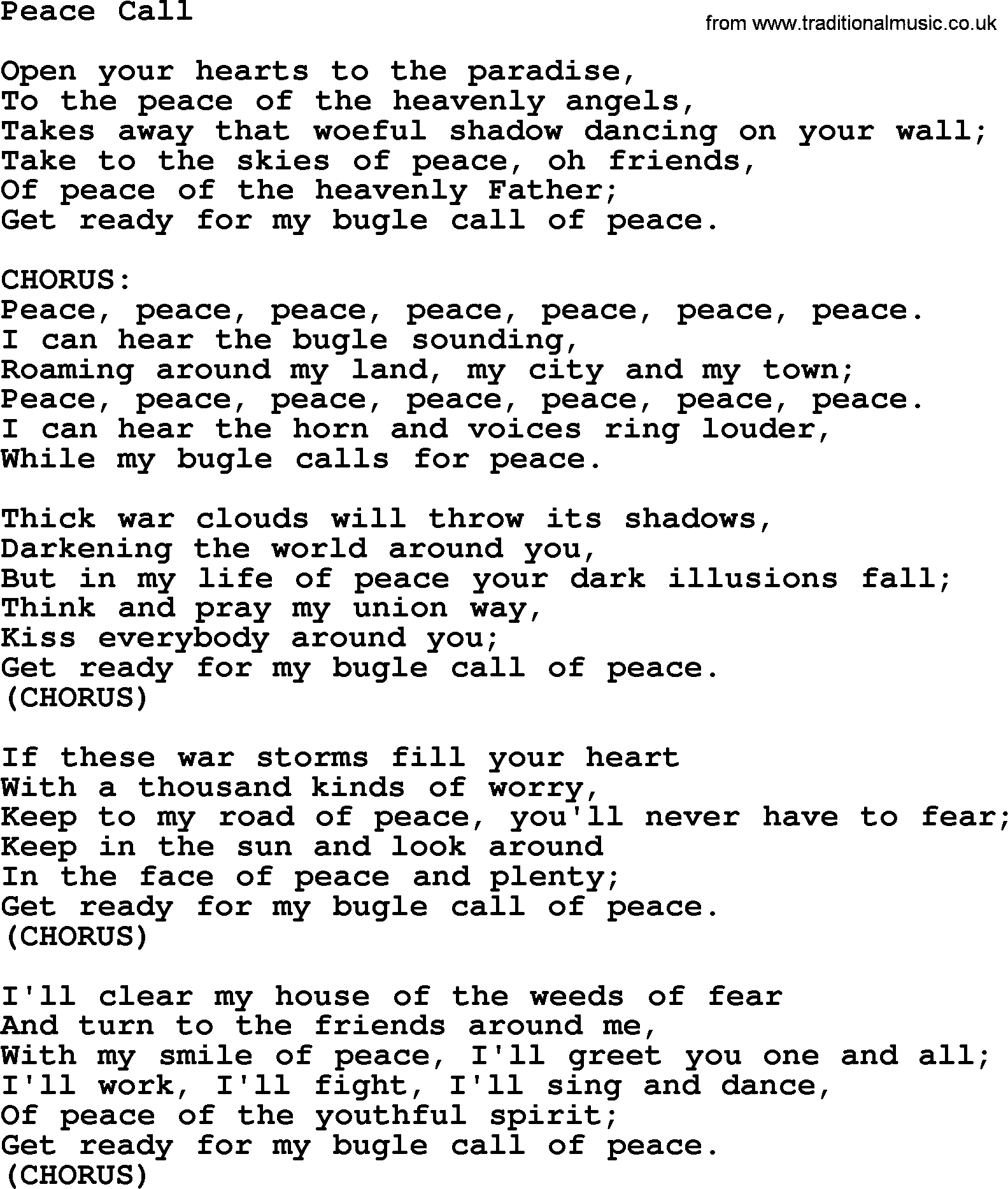 Woody Guthrie song Peace Call lyrics