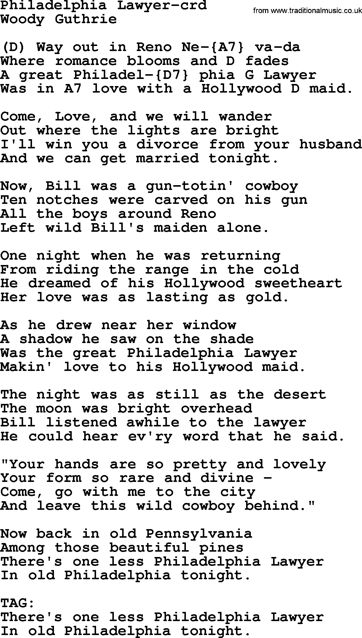 Woody Guthrie song Philadelphia Lawyer lyrics and chords